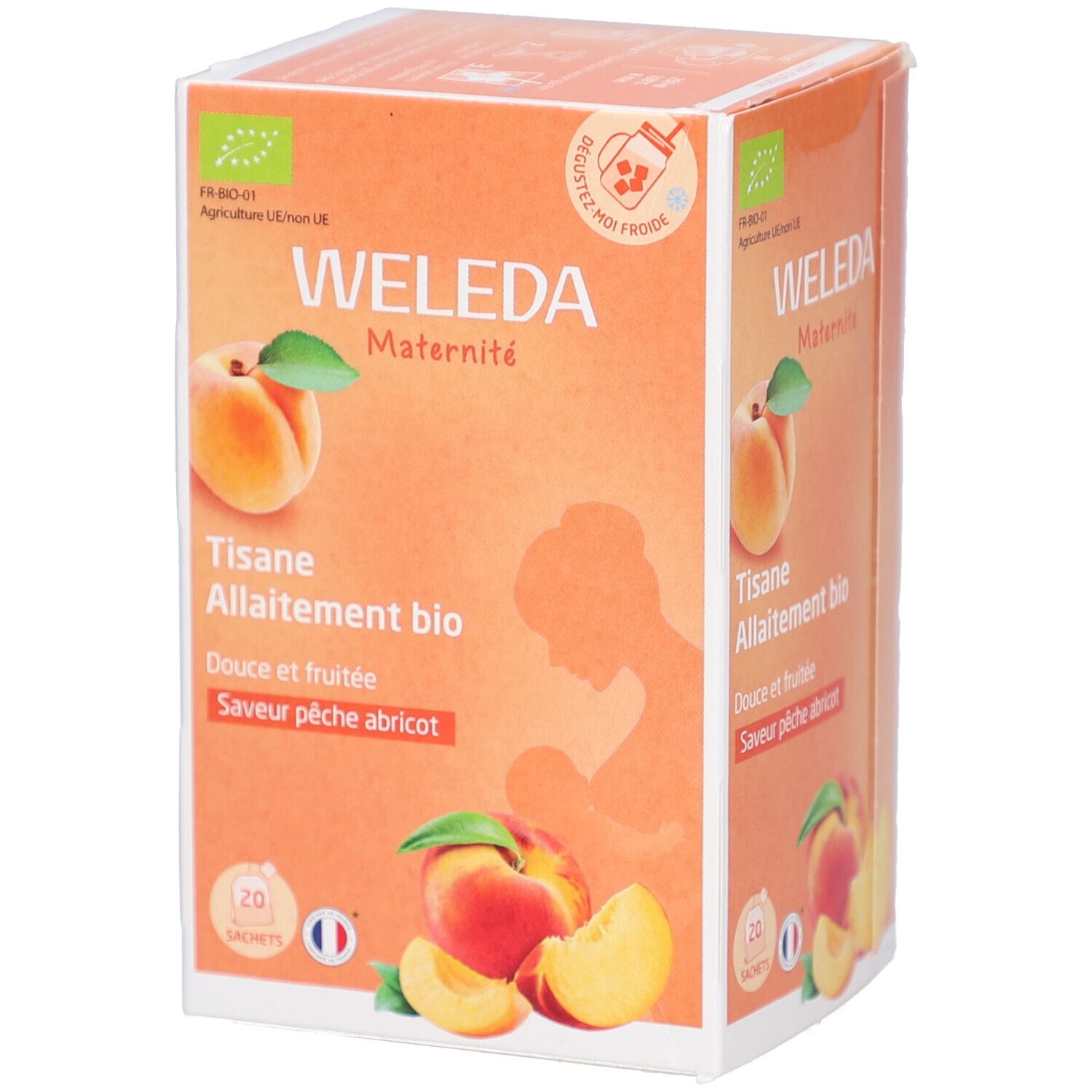 Boîte WELEDA. Illustration pêche et abricot. Texte: Tisane Allaitement bio, Douce et fruitée, Saveur pêche abricot. Logo bio.