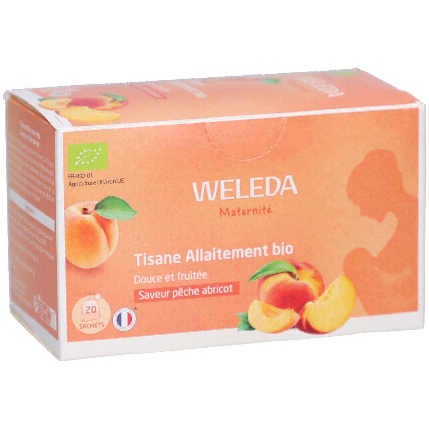 Boîte WELEDA. Illustration pêche et abricot. Texte: Tisane Allaitement bio, Douce et fruitée, Saveur pêche abricot. Logo bio. 20 sachets.