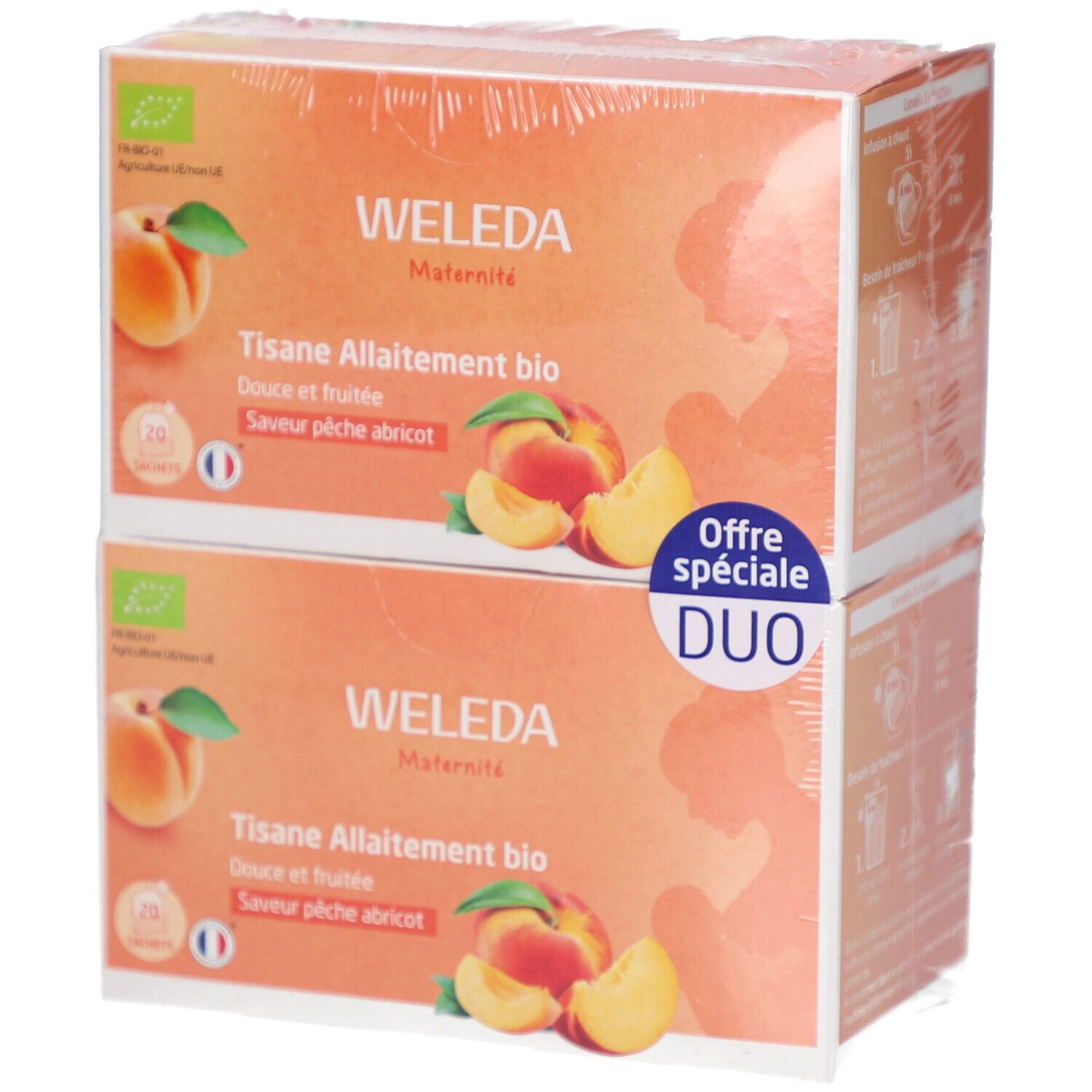 Deux boîtes de thé WELEDA emballées. Inscription : Tisane Allaitement bio, Douce et fruitée, Saveur pêche abricot. Label bio, illustration de pêches.