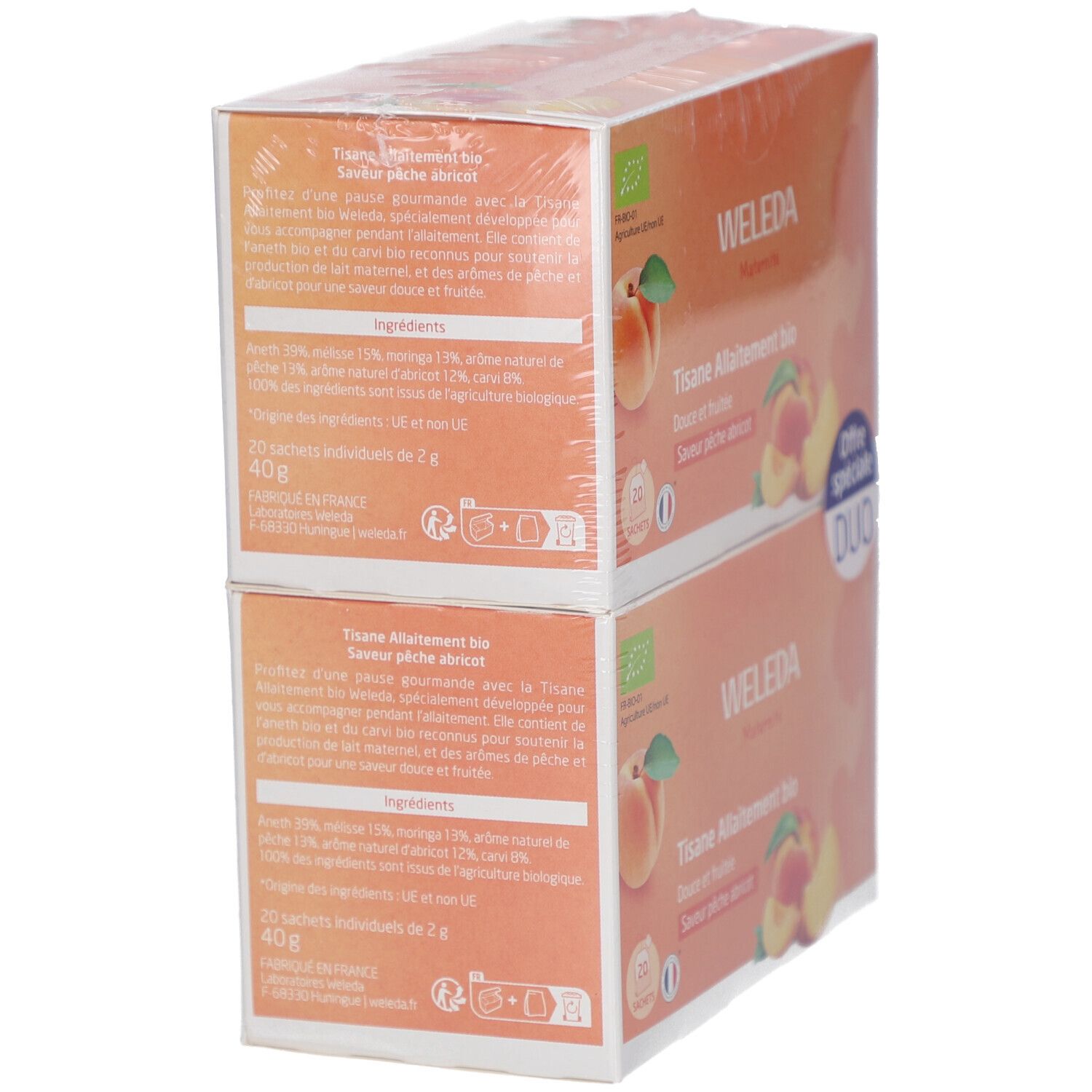Deux boîtes de thé WELEDA emballées. Inscription : Tisane Allaitement bio, Douce et fruitée, Saveur pêche abricot. Dos avec liste des ingrédients et logos.