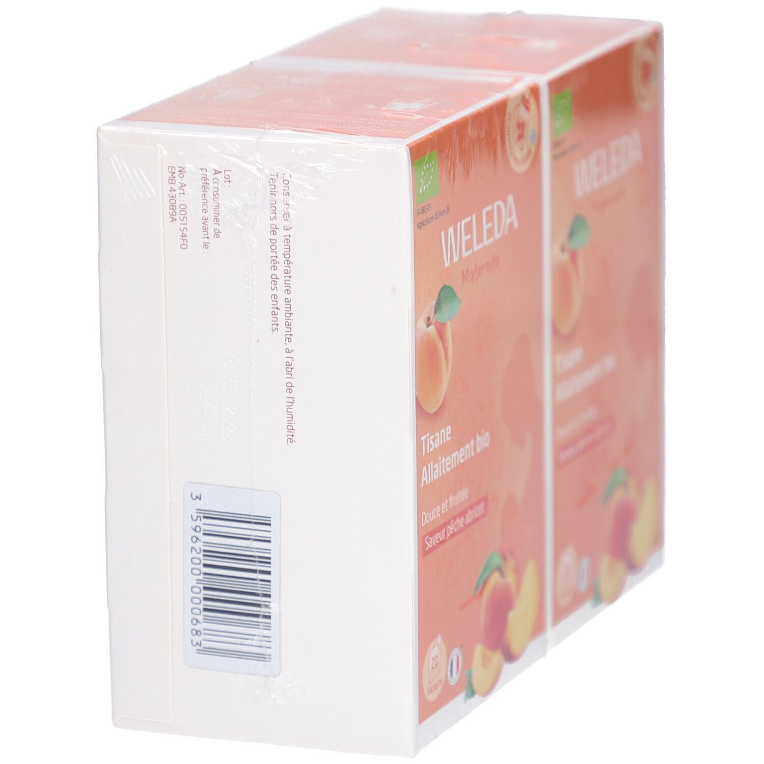 Deux boîtes de thé WELEDA emballées. Inscription : Tisane Allaitement bio, Douce et fruitée, Saveur pêche abricot. Dos avec code-barres.
