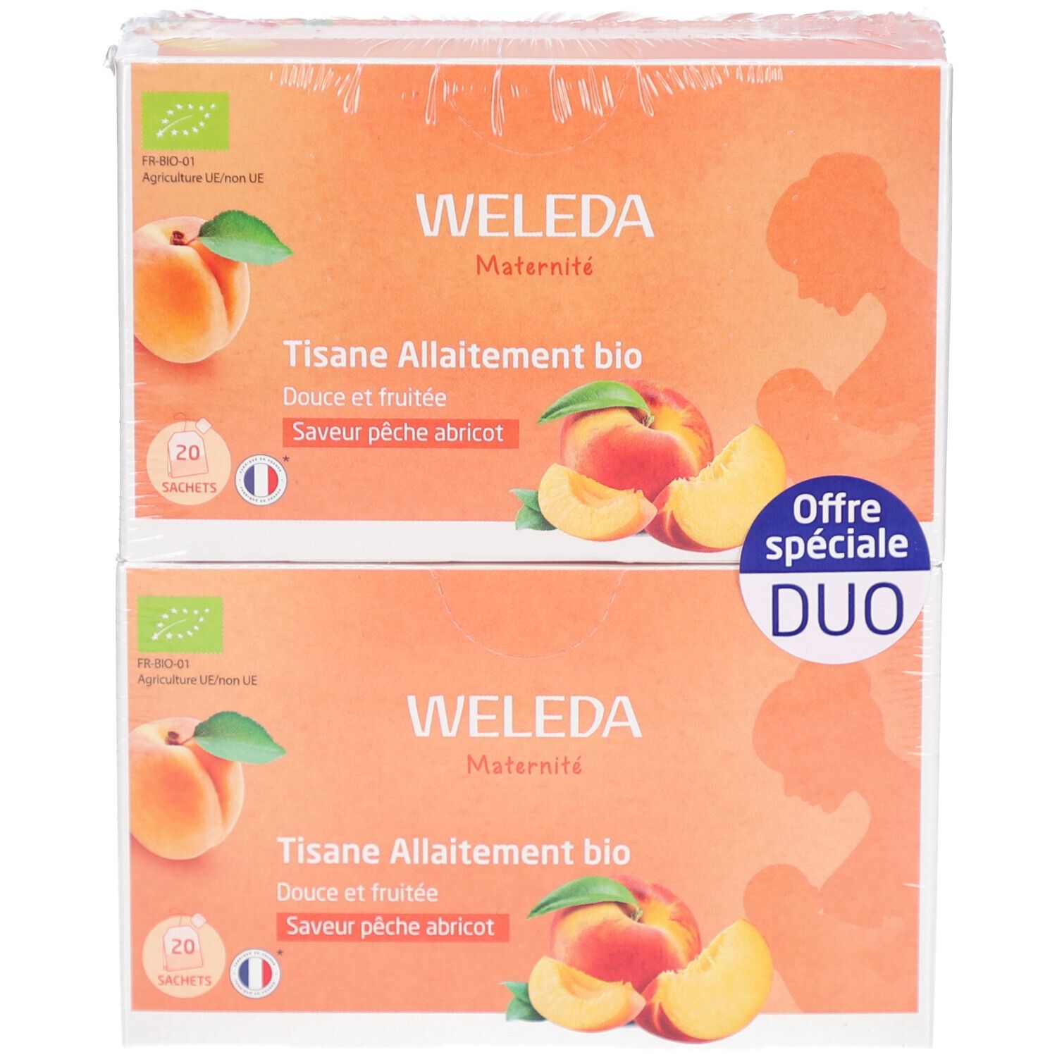 Deux boîtes de thé WELEDA emballées. Inscription : Tisane Allaitement bio, Douce et fruitée, Saveur pêche abricot. Offre Duo.