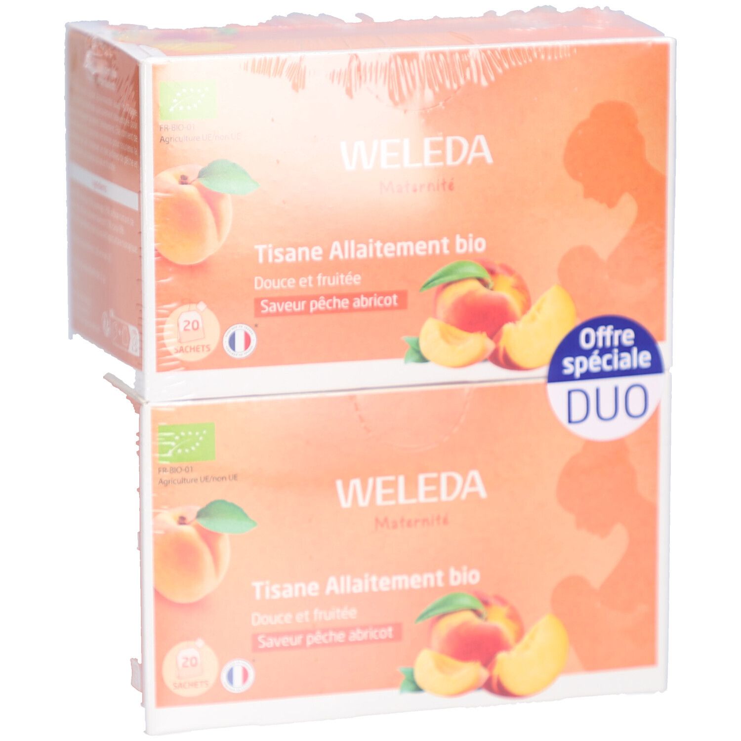 Deux boîtes de thé WELEDA emballées. Inscription : Tisane Allaitement bio, Douce et fruitée, Saveur pêche abricot. Offre Duo.