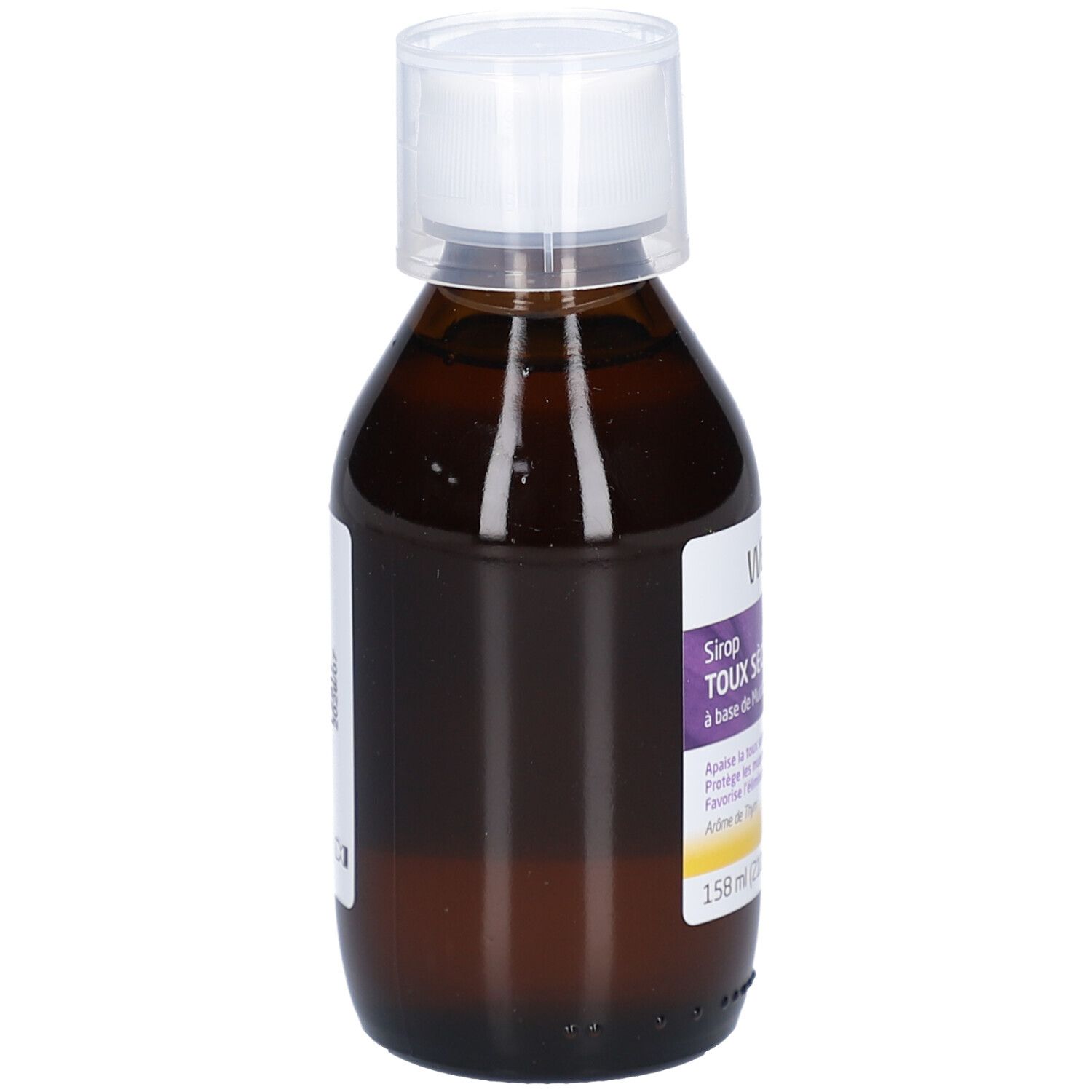 Flacon en verre brun avec bouchon blanc. Étiquette avec informations produit. Marque : Weleda. Produit : Sirop toux sèche et grasse.