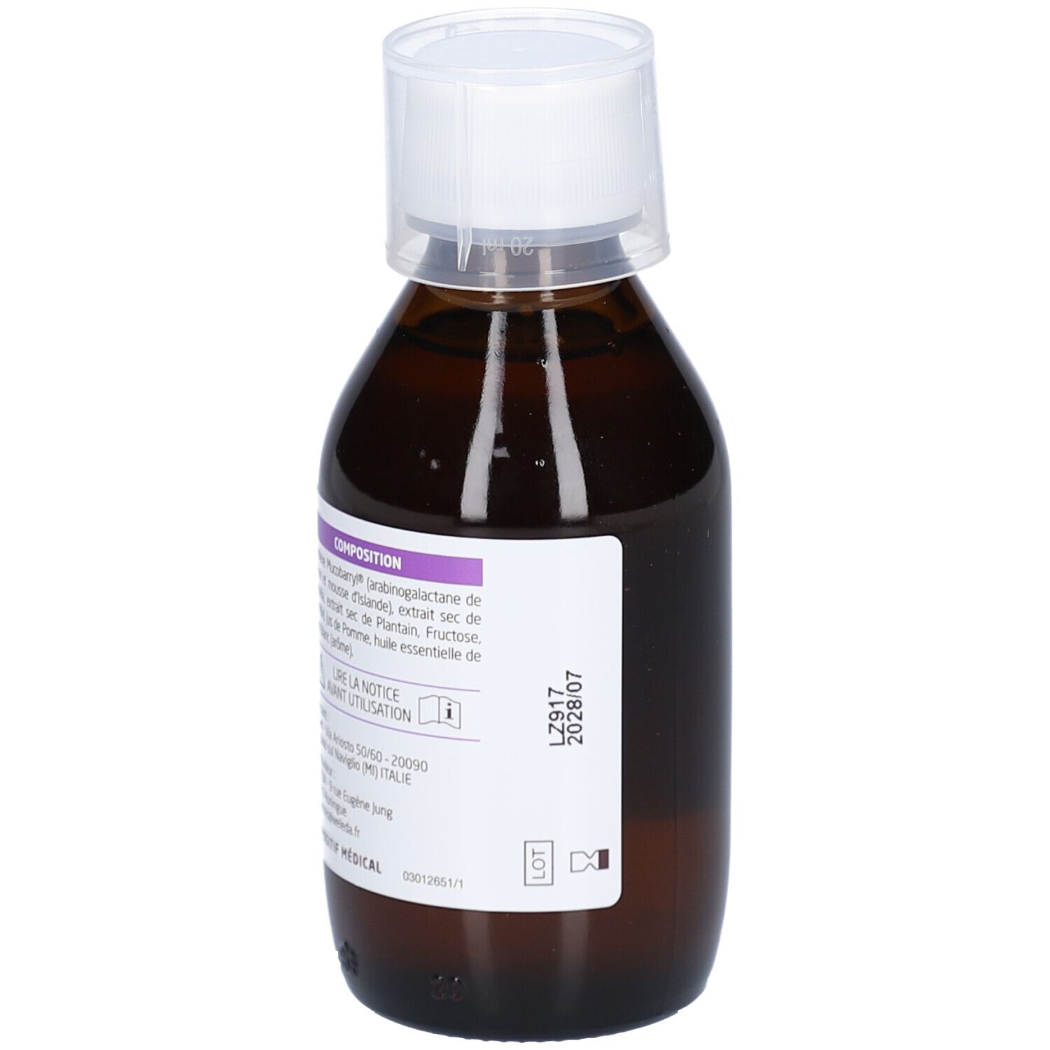 Flacon en verre brun avec bouchon blanc. Étiquette avec informations produit. Marque : Weleda. Produit : Sirop toux sèche et grasse.