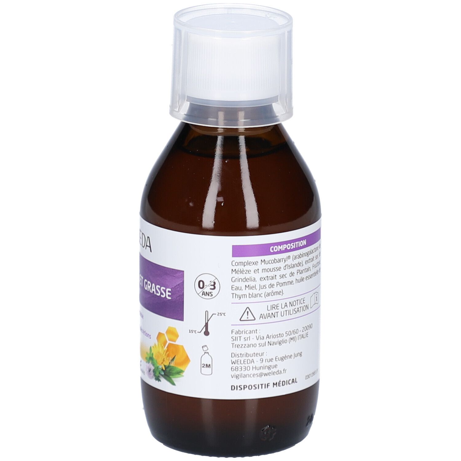 Flacon en verre brun avec bouchon blanc. Étiquette avec informations produit. Marque : Weleda. Produit : Sirop toux sèche et grasse.