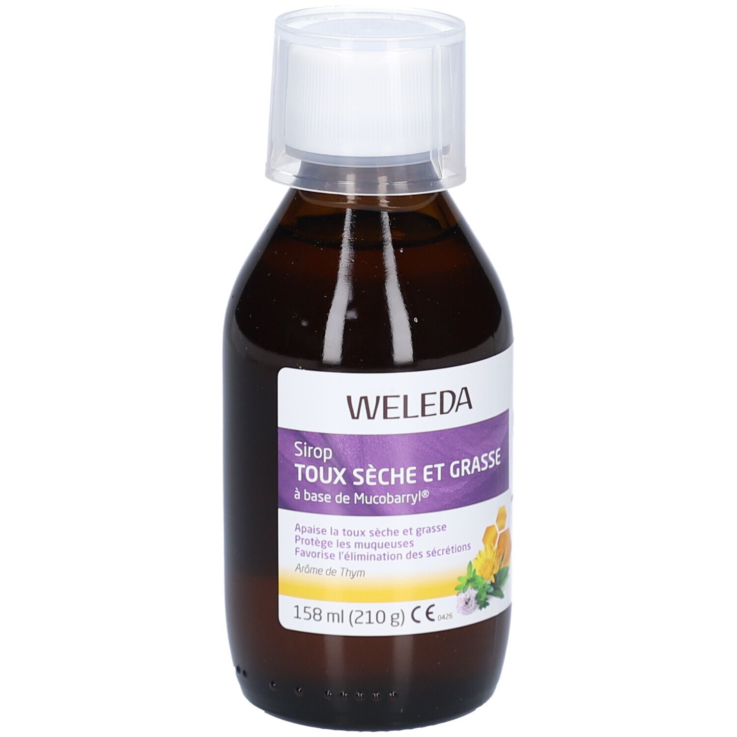 Flacon en verre brun avec bouchon blanc. Étiquette avec informations produit. Marque : Weleda. Produit : Sirop toux sèche et grasse.