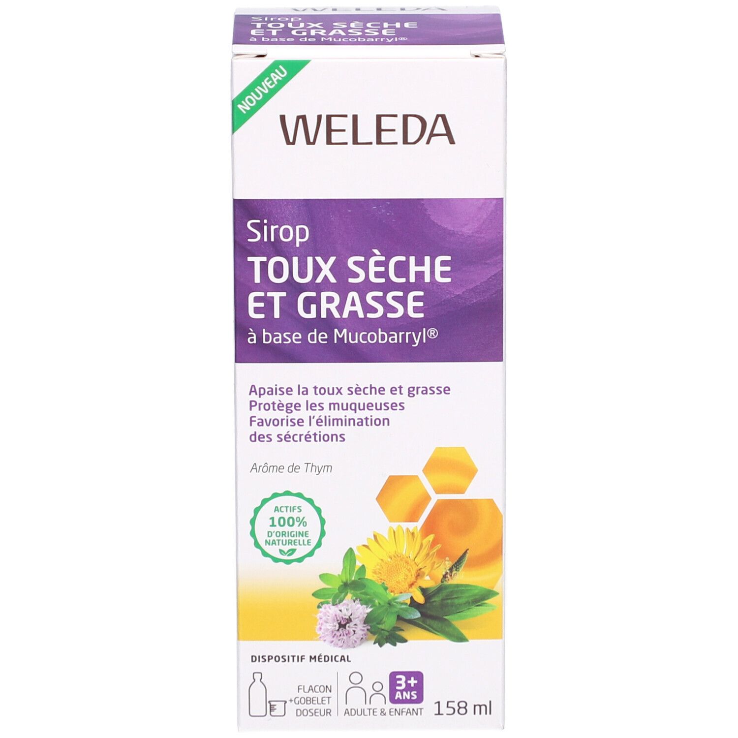 Emballage du produit. Boîte avec informations produit. Marque : Weleda. Produit : Sirop toux sèche et grasse.