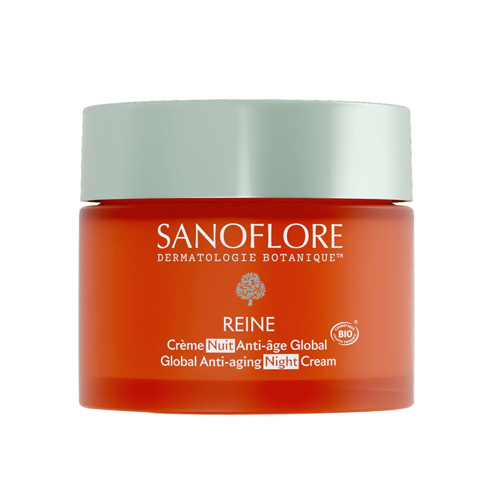Pot de crème rouge. Inscriptions: SANOFLORE, REINE, Crème Nuit Anti-âge Global. Certification Bio.