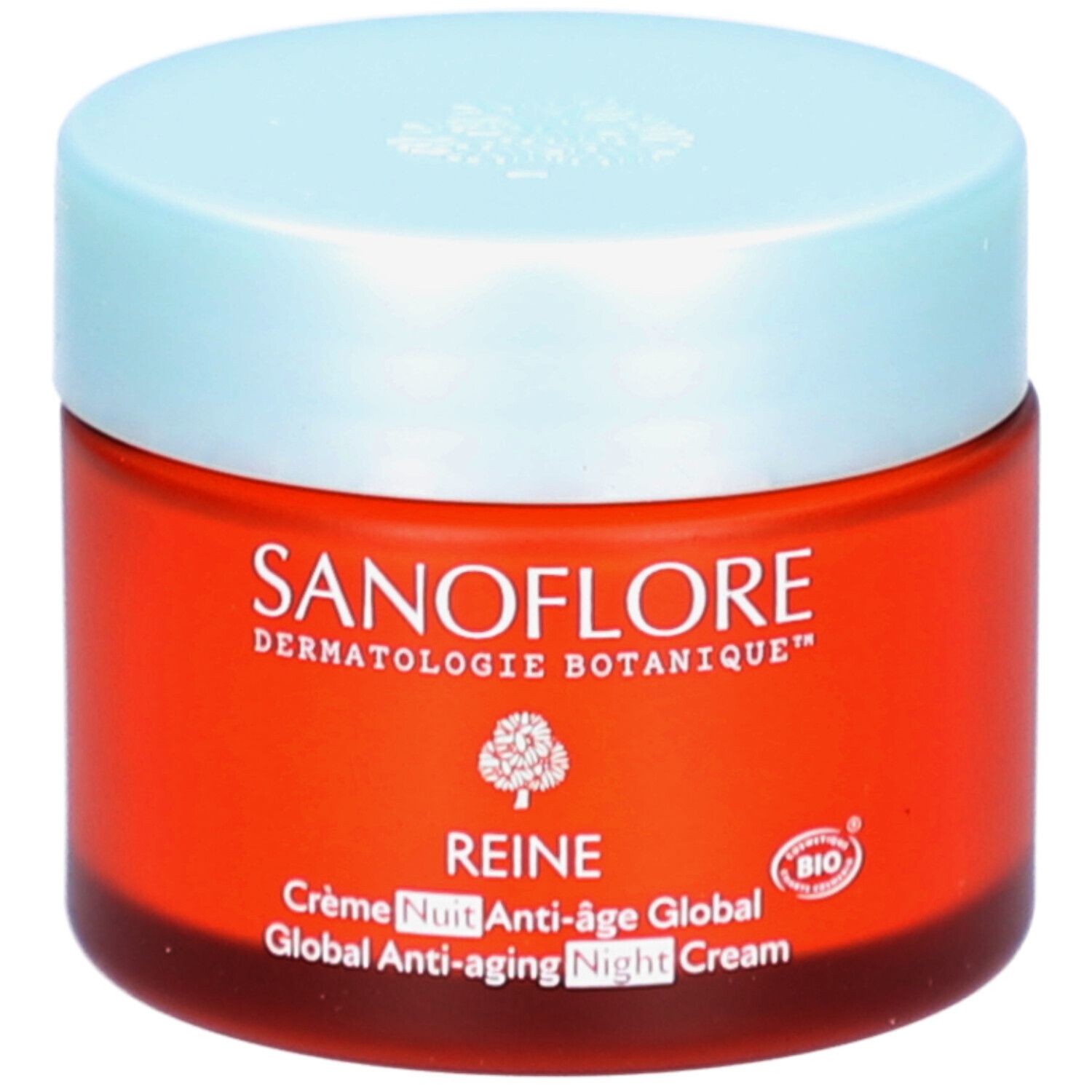 Pot rouge avec couvercle bleu clair. Inscription: SANOFLORE, REINE Crème Nuit Anti-âge Global. Certification Bio.