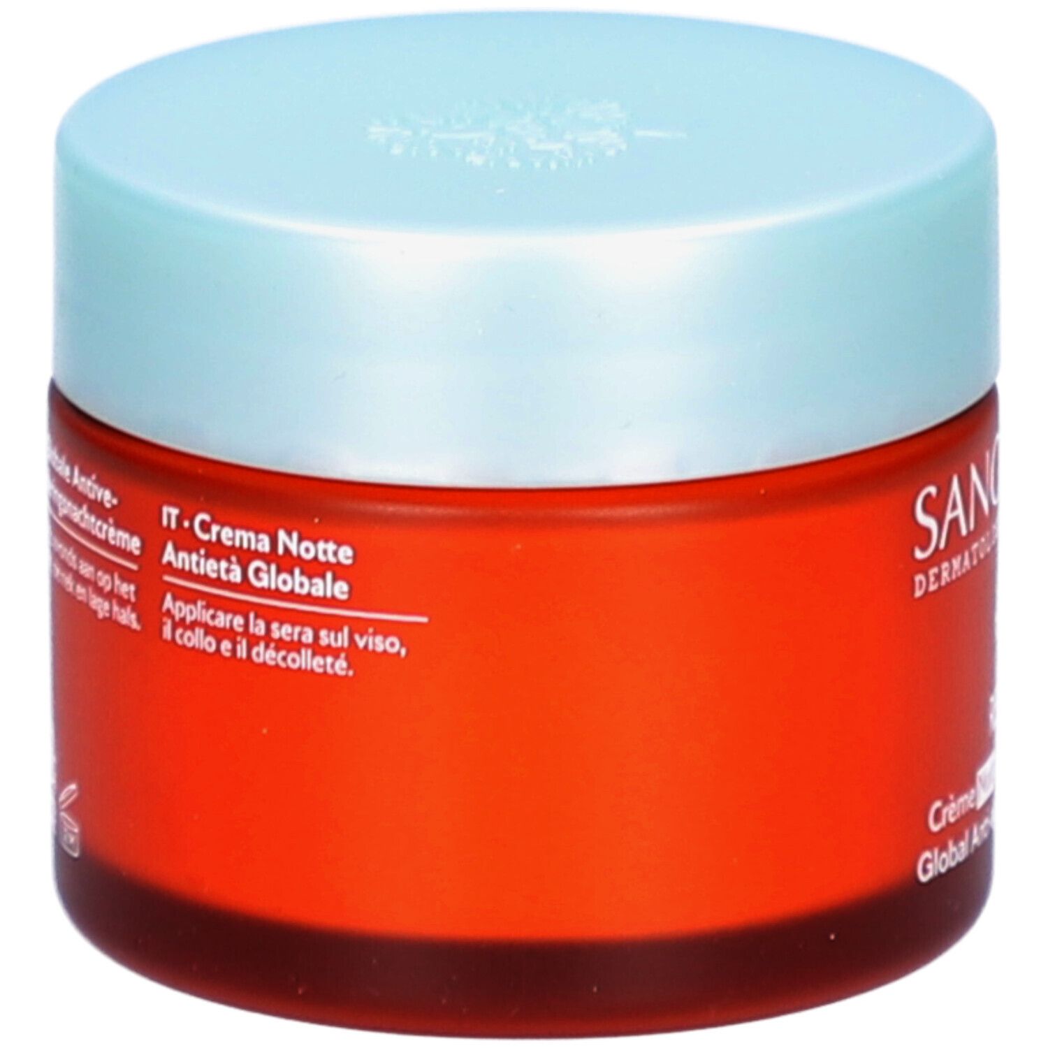 Pot rouge avec couvercle bleu clair. Texte en italien et anglais. Inscription: Crème Nuit Anti-âge Global. Conseils d'utilisation.