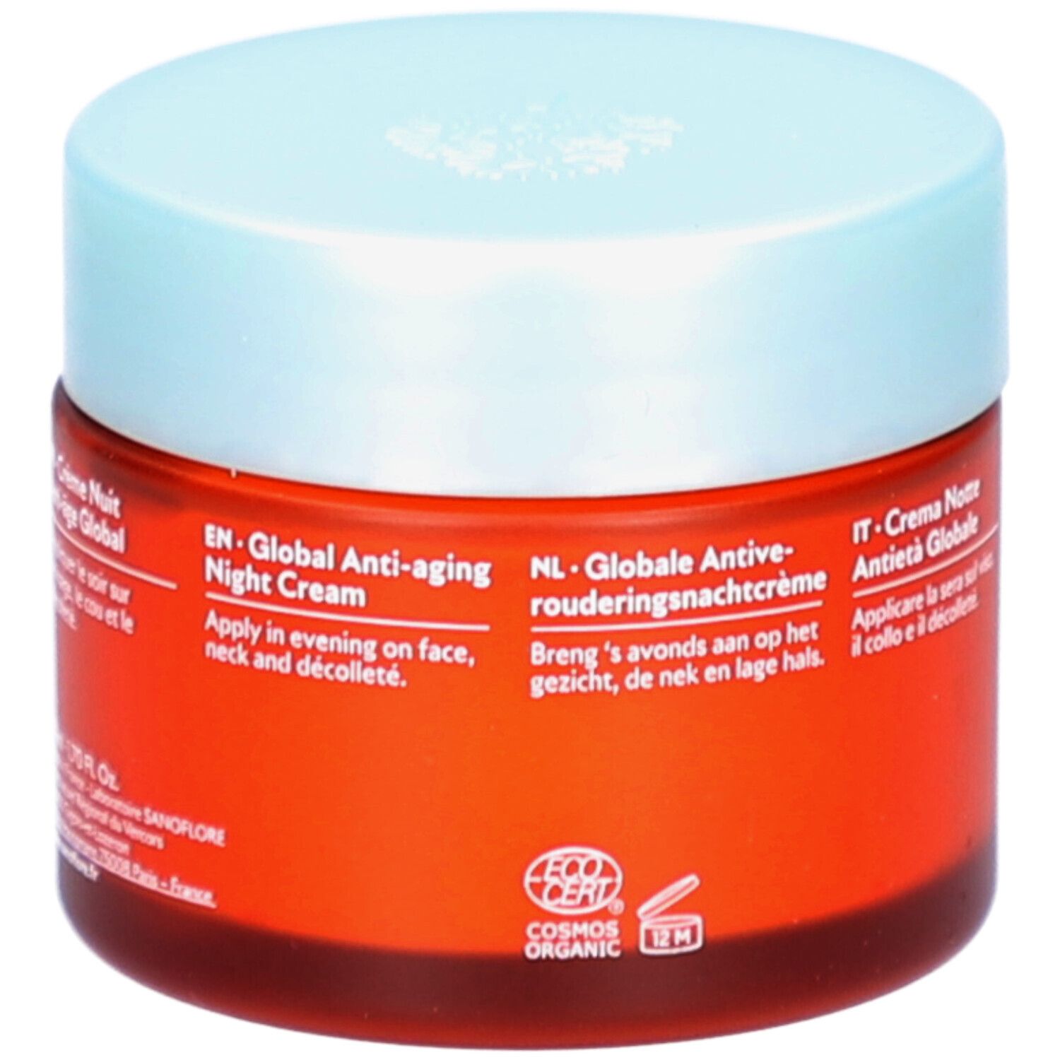 Pot rouge avec couvercle bleu clair. Texte en anglais, néerlandais et italien. Inscription: Global Anti-aging Night Cream. Certification Bio.