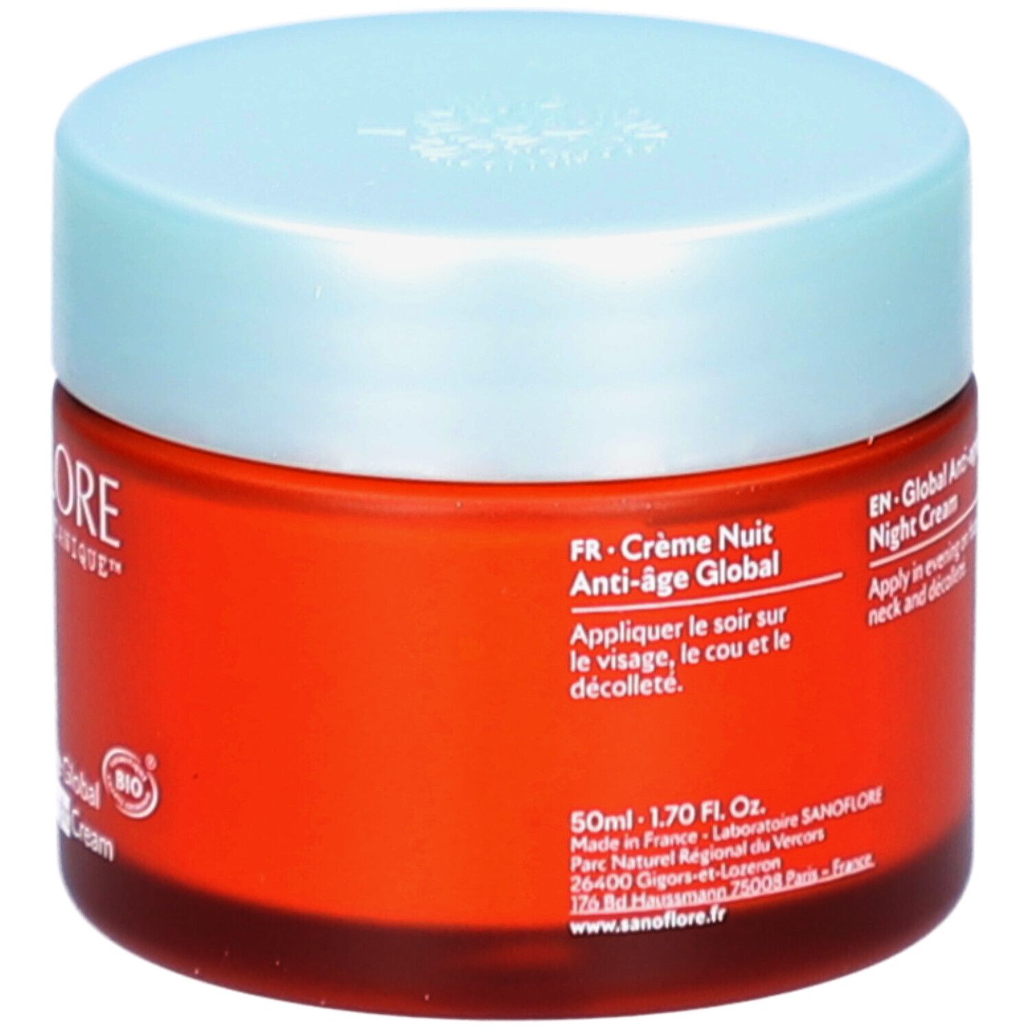 Pot rouge avec couvercle bleu clair. Texte en français et anglais. Inscription: Crème Nuit Anti-âge Global. 50ml.