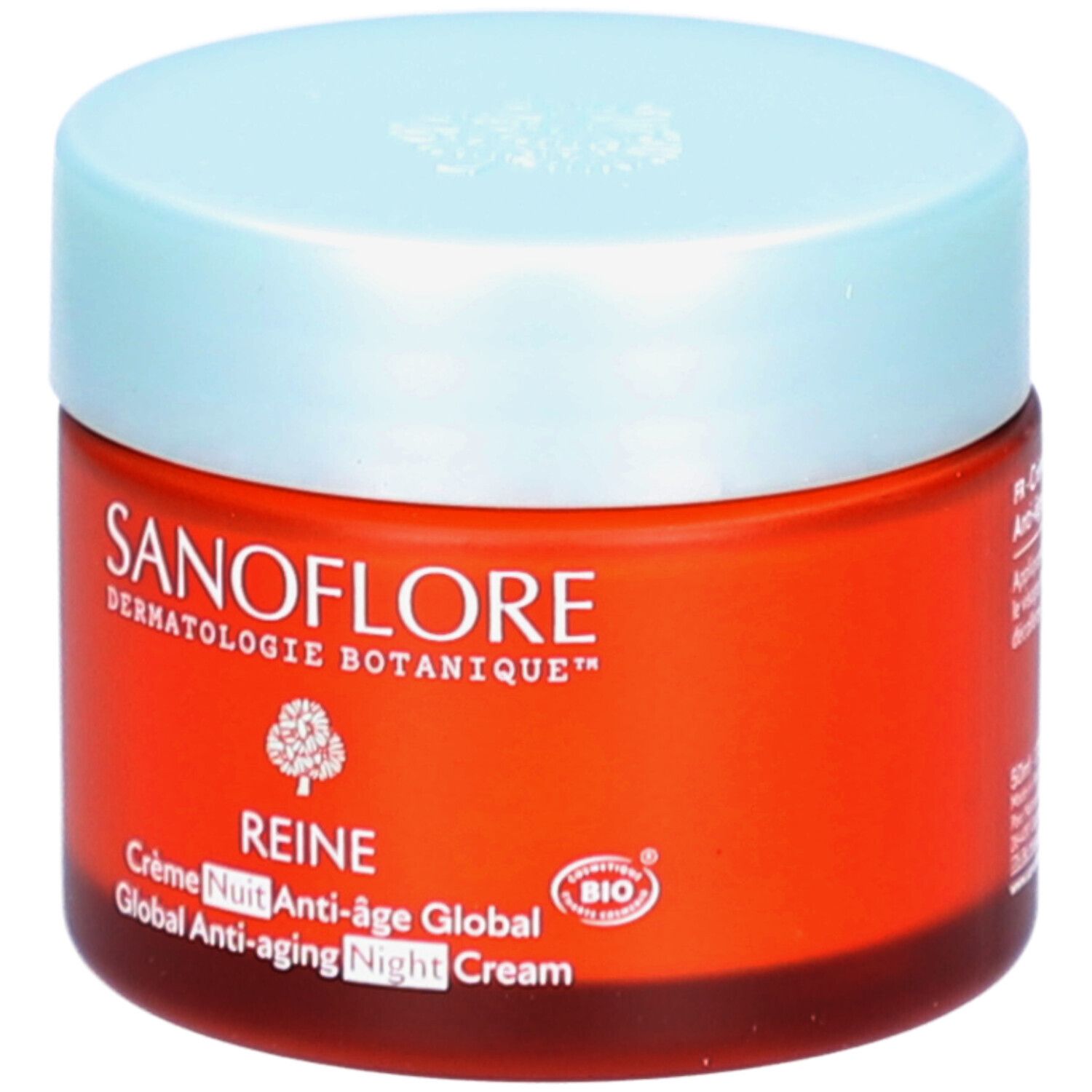 Pot rouge avec couvercle bleu clair. Inscription: SANOFLORE, REINE Crème Nuit Anti-âge Global. Certification Bio.