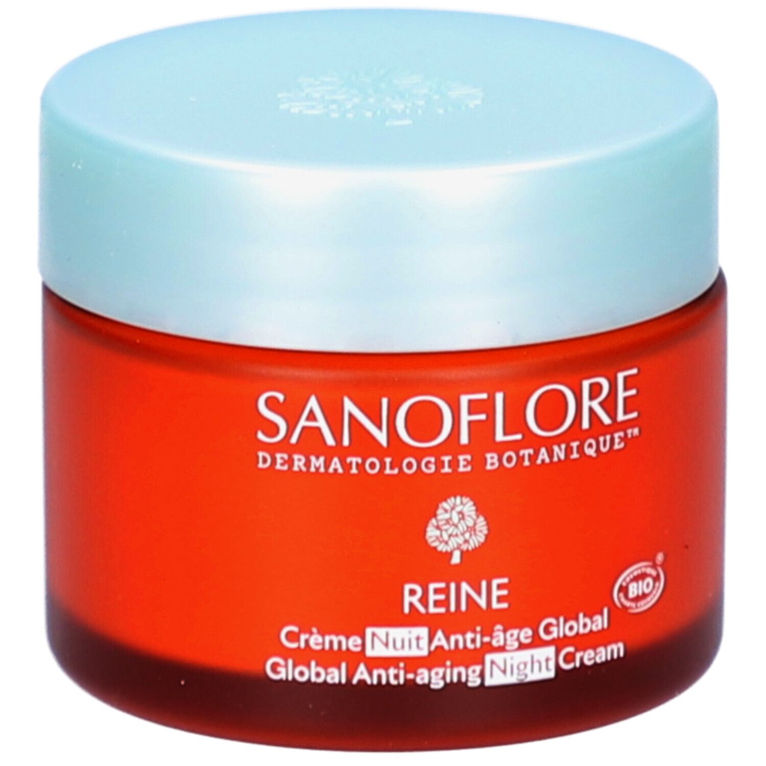 Pot rouge avec couvercle bleu clair. Inscription: SANOFLORE, REINE Crème Nuit Anti-âge Global. Certification Bio.