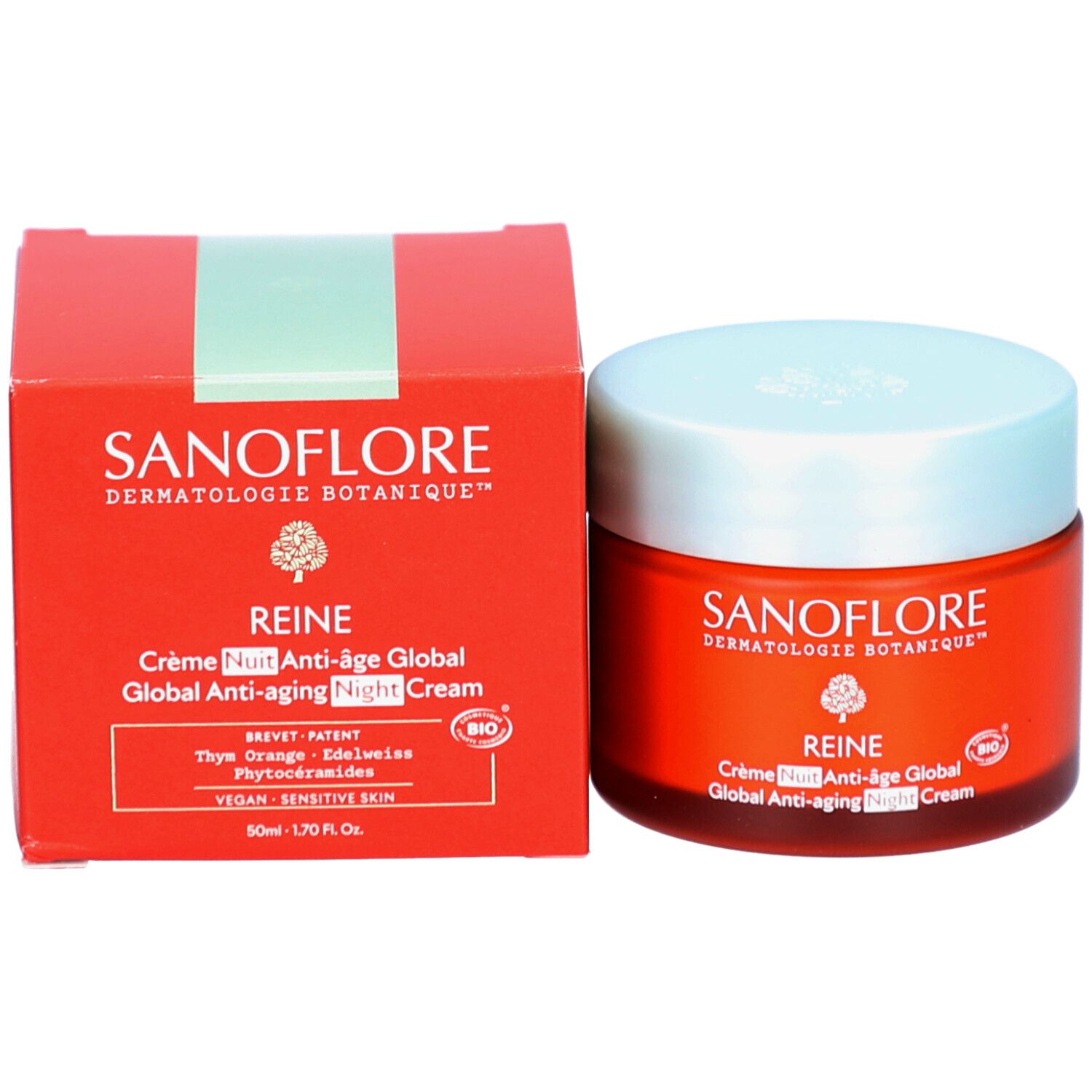 Boîte et pot rouges. Inscription: SANOFLORE, REINE Crème Nuit Anti-âge Global. 50ml. Vegan, peau sensible.