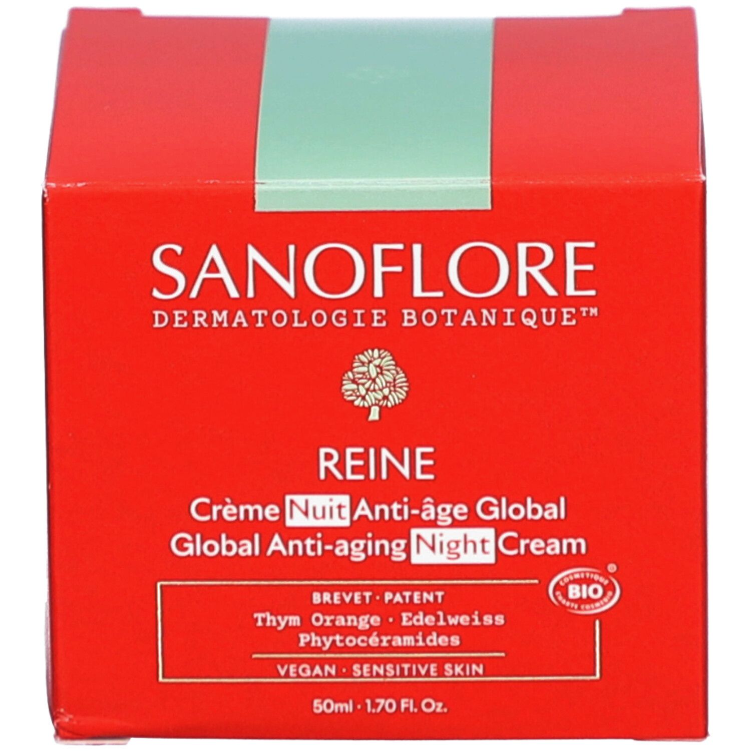 Boîte rouge. Inscription: SANOFLORE, REINE Crème Nuit Anti-âge Global. 50ml. Vegan, peau sensible. Certification Bio.