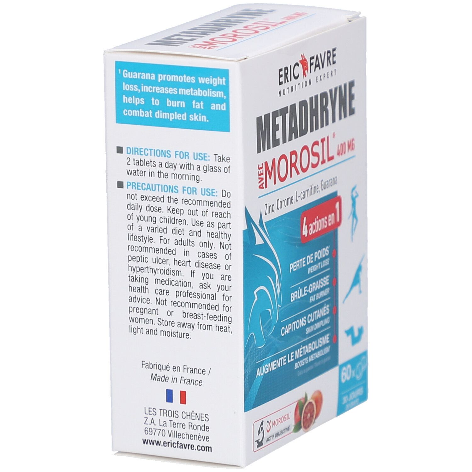 Boîte blanche METADHRYNE MOROSIL. Contient zinc, chrome, L-carnitine, guarana. Texte: mode d'emploi, précautions, Fabriqué en France.