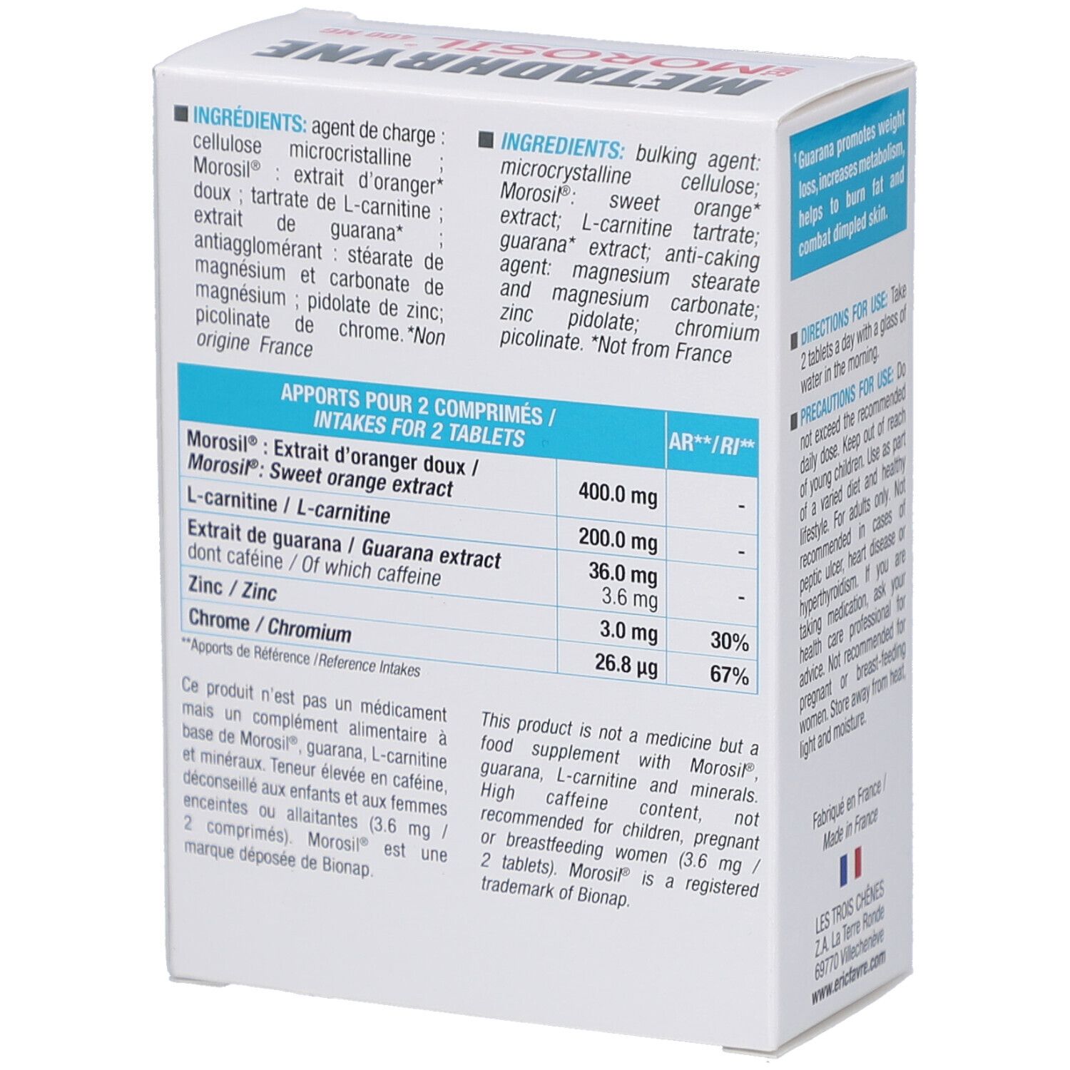 Boîte blanche METADHRYNE MOROSIL. Liste des ingrédients: cellulose, Morosil, L-carnitine, guarana, zinc, chrome. Informations nutritionnelles pour 2 comprimés.
