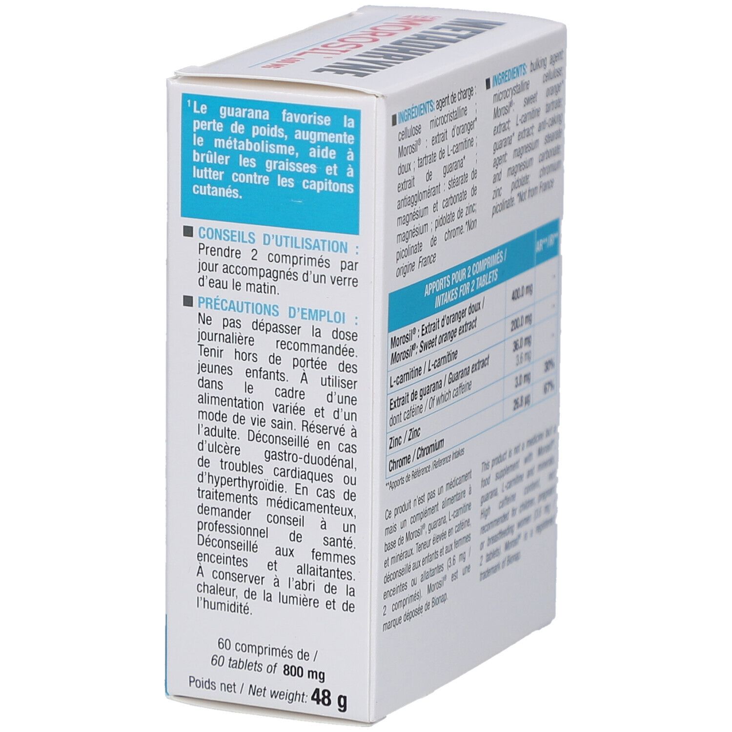 Boîte blanche METADHRYNE MOROSIL. Texte: mode d'emploi, précautions. 60 comprimés, 48 g.