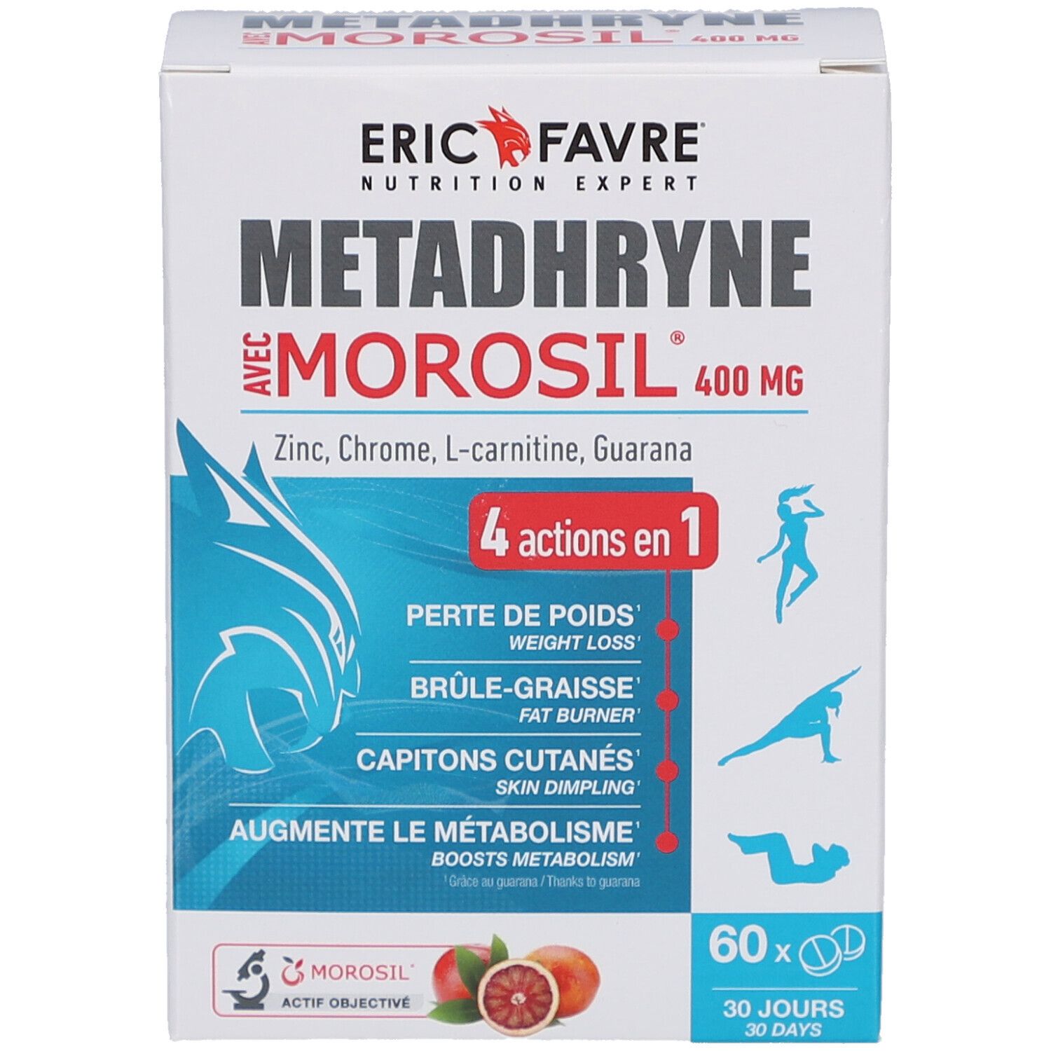 Boîte blanche METADHRYNE MOROSIL 400 MG. Contient zinc, chrome, L-carnitine, guarana. 60 comprimés. 4 actions en 1.