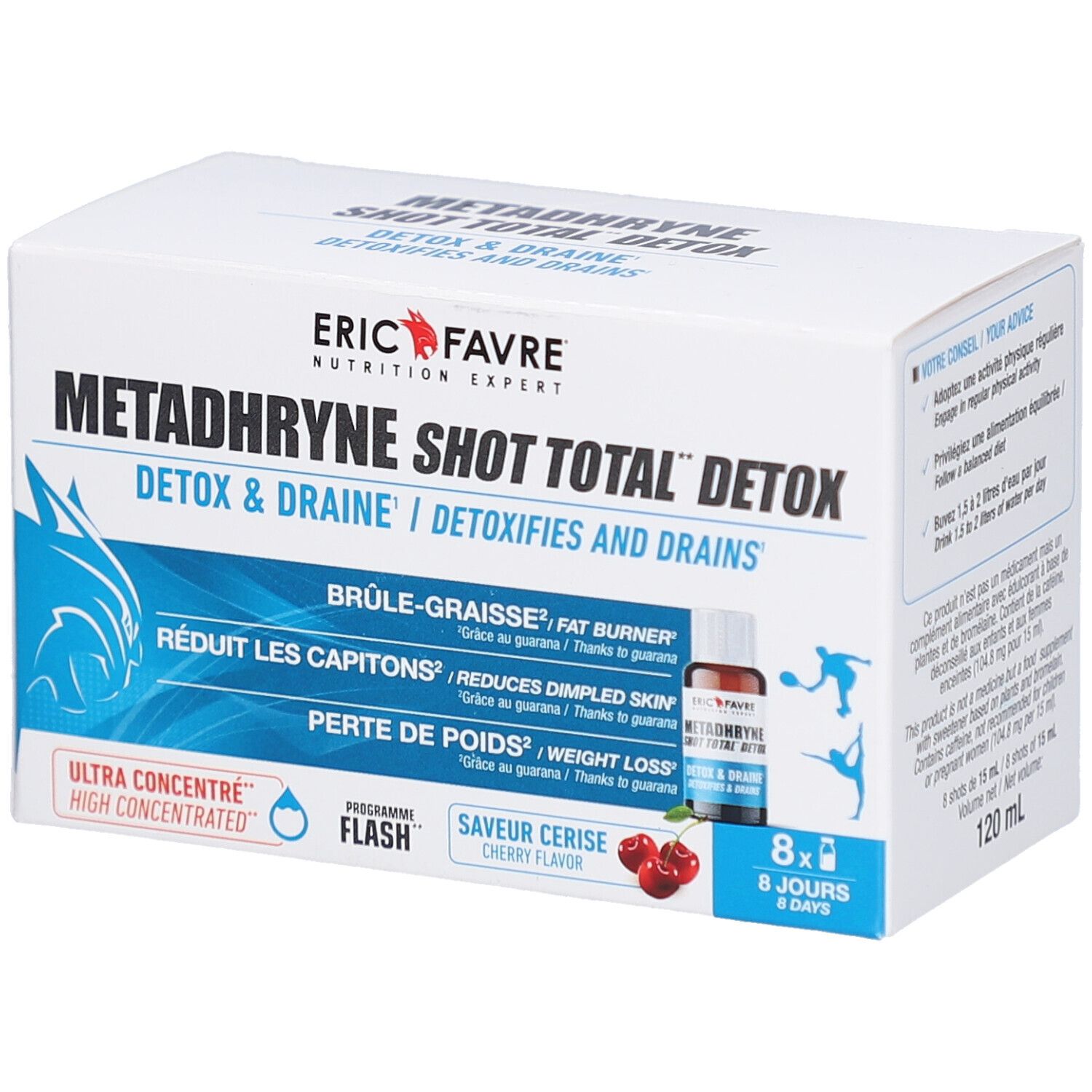 Boîte de METADHRYNE SHOT TOTAL DETOX d'ERIC FAVRE. Contient 8 shots. Saveur cerise. Détails des ingrédients et des bénéfices.