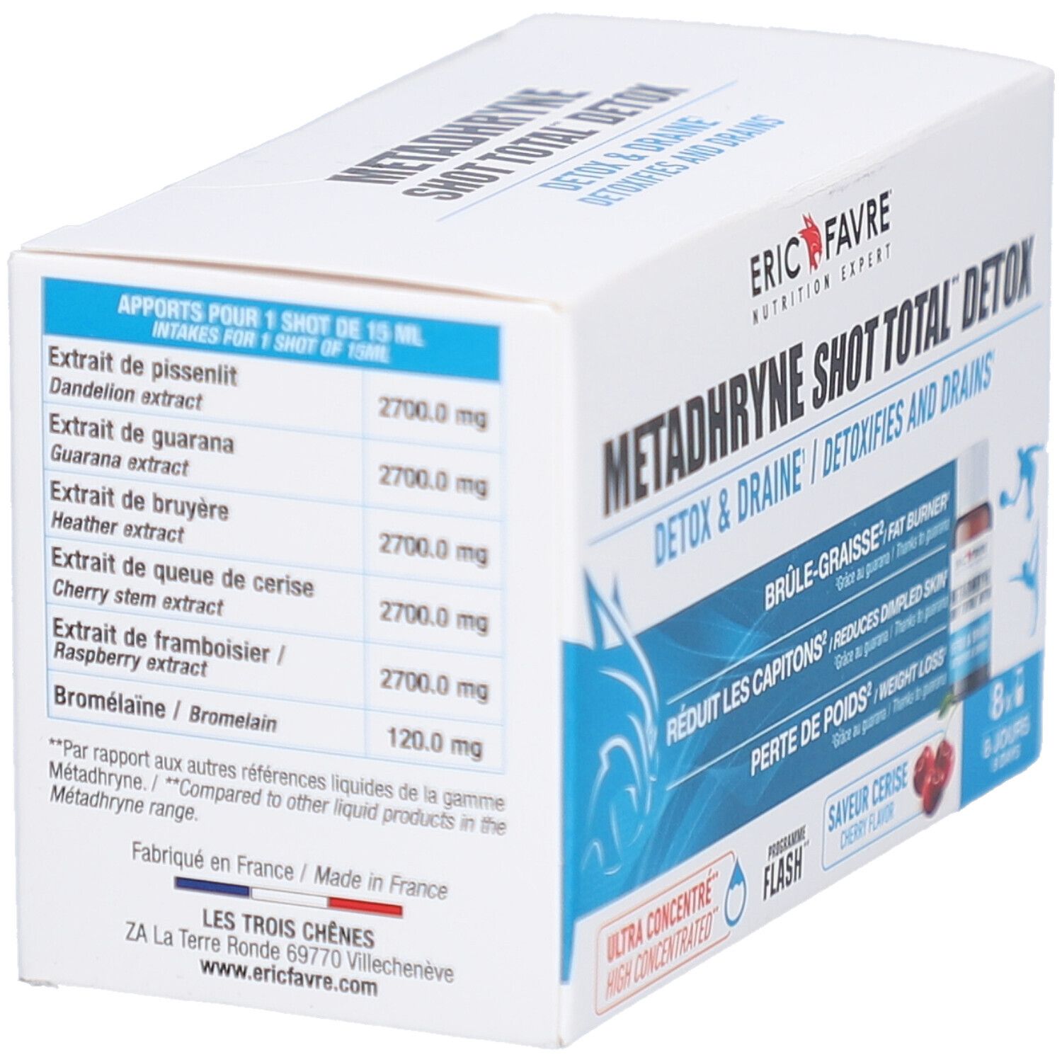Boîte de METADHRYNE SHOT TOTAL DETOX. Liste des ingrédients avec quantités. Fabriqué en France.