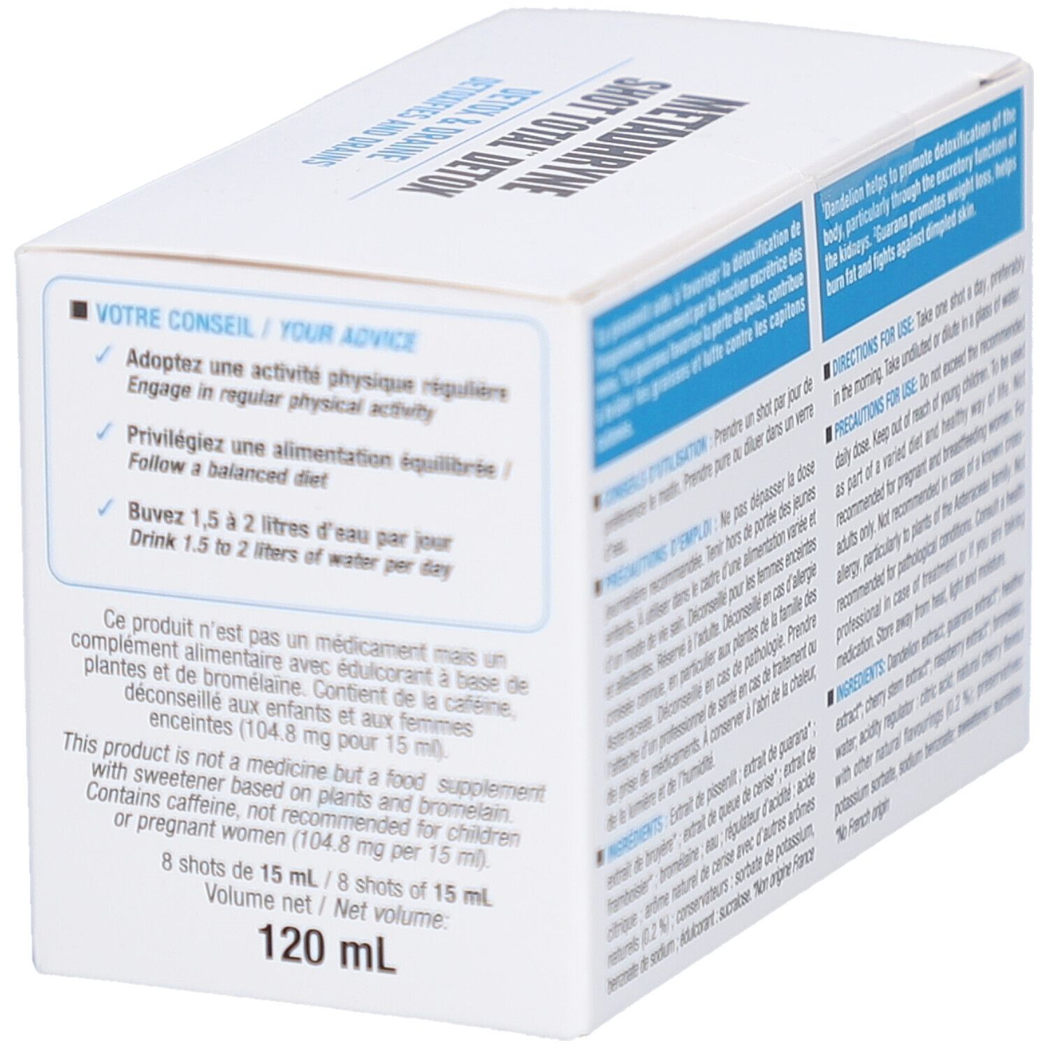 Dos de la boîte METADHRYNE SHOT TOTAL DETOX. Recommandations et ingrédients. Volume : 120 ml.