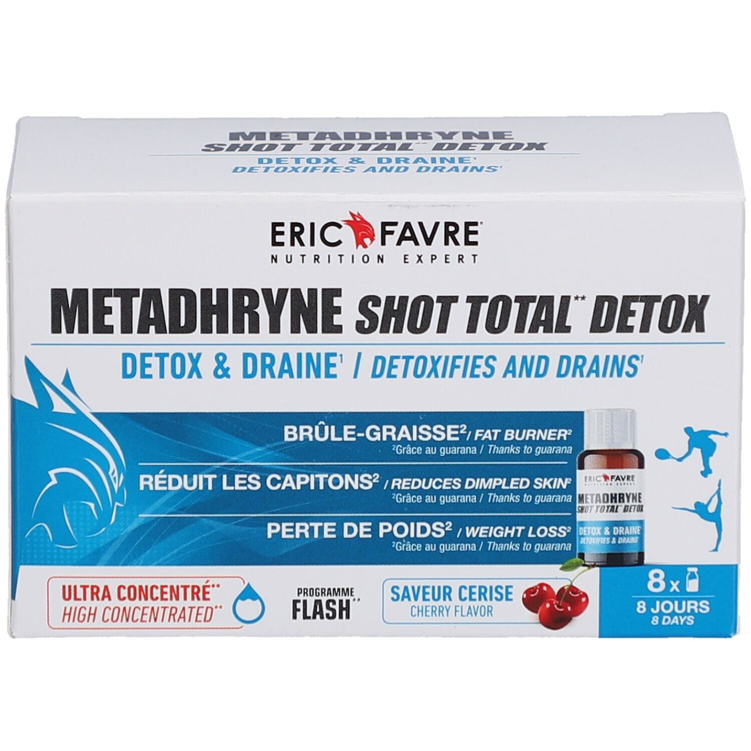Boîte de METADHRYNE SHOT TOTAL DETOX d'ERIC FAVRE. Contient 8 shots. Saveur cerise. Détails des ingrédients et des bénéfices.