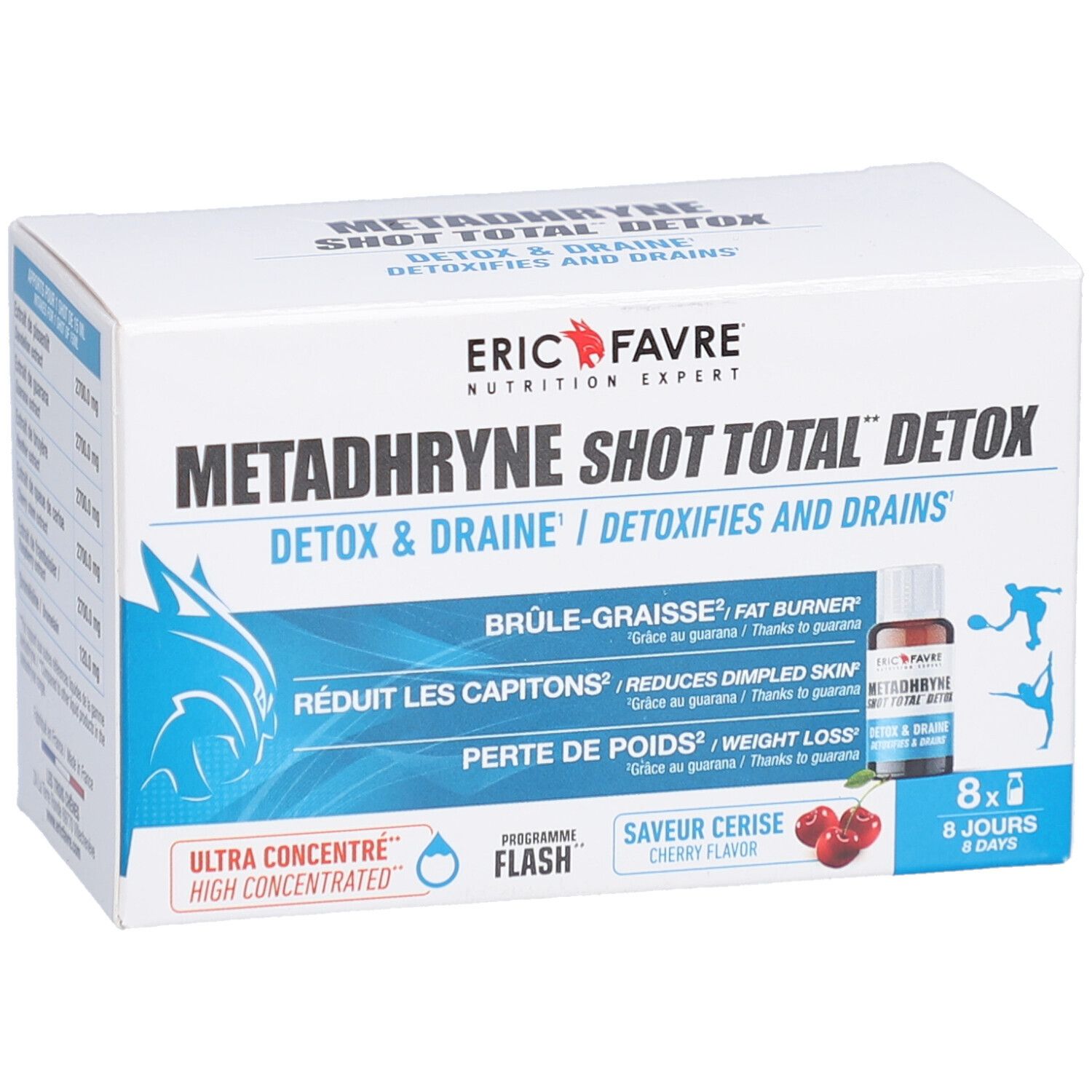Boîte de METADHRYNE SHOT TOTAL DETOX d'ERIC FAVRE. Contient 8 shots. Saveur cerise. Détails des ingrédients et des bénéfices.