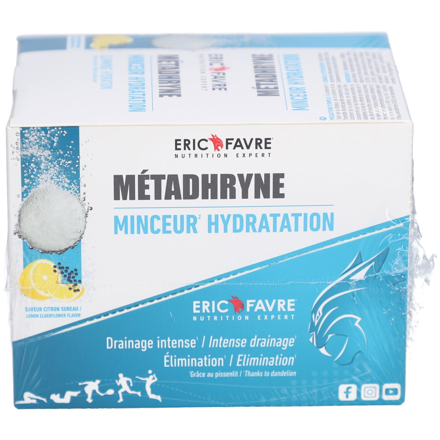 Boîte METADHRYNE, MINCEUR HYDRATATION. Illustration de citron et poudre. Marque ERIC FAVRE. Emballage plastique transparent.