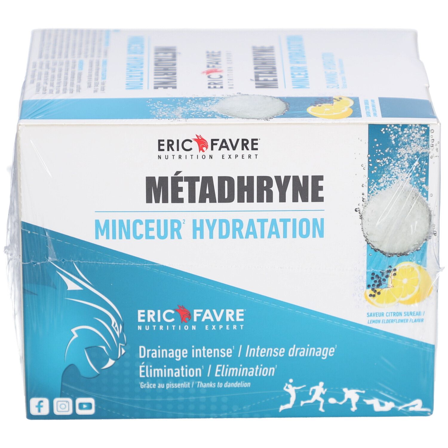 Boîte METADHRYNE, MINCEUR HYDRATATION. Illustration de citron et poudre. Marque ERIC FAVRE. Emballage partiellement transparent.