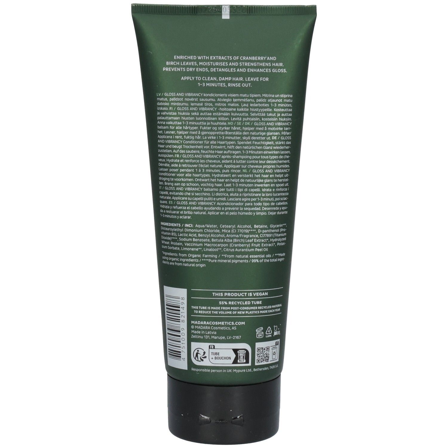 Arrière d'un tube vert Madara Gloss and Vibrancy Conditioner avec informations produit.