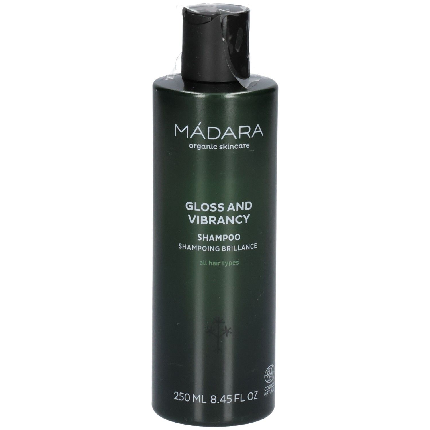 Flacon de shampoing vert avec bouchon noir. Étiquette : MÁDARA, Gloss and Vibrancy Shampoo, 250 ml.