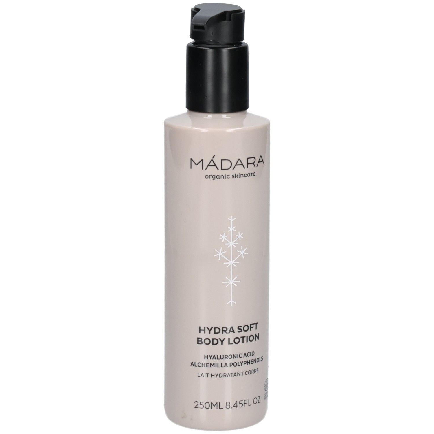 Bouteille de Lait Corporel Hydra Soft Madara avec pompe, 250ml.