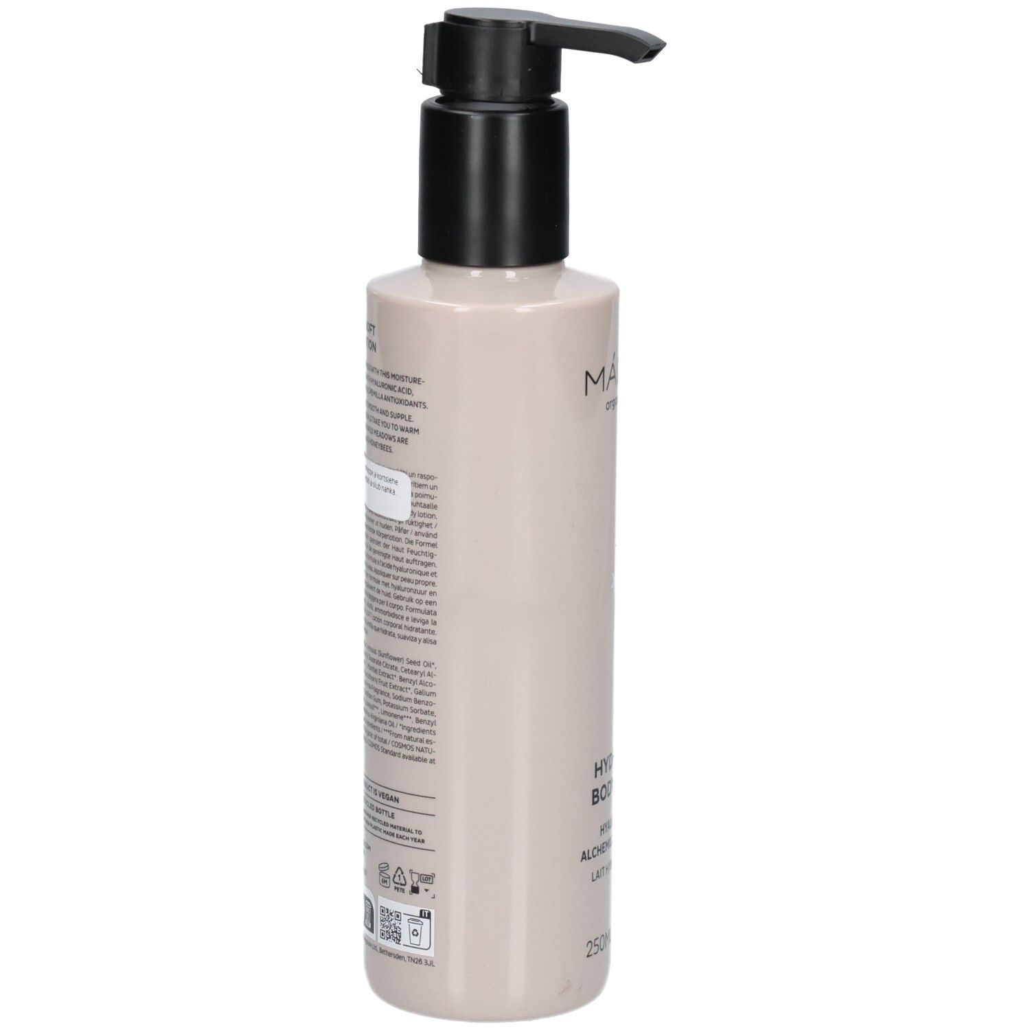 Vue arrière de la bouteille de Lait Corporel Hydra Soft Madara avec pompe.