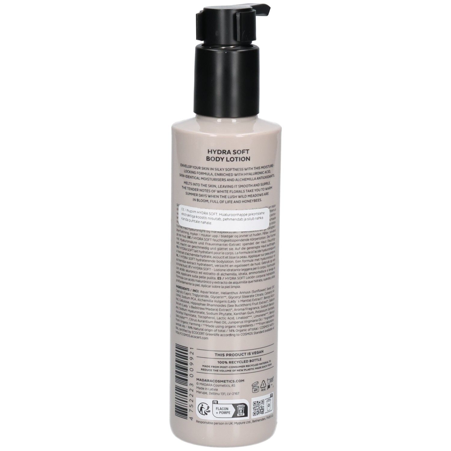 Vue arrière de la bouteille de Lait Corporel Hydra Soft Madara avec pompe et étiquette.