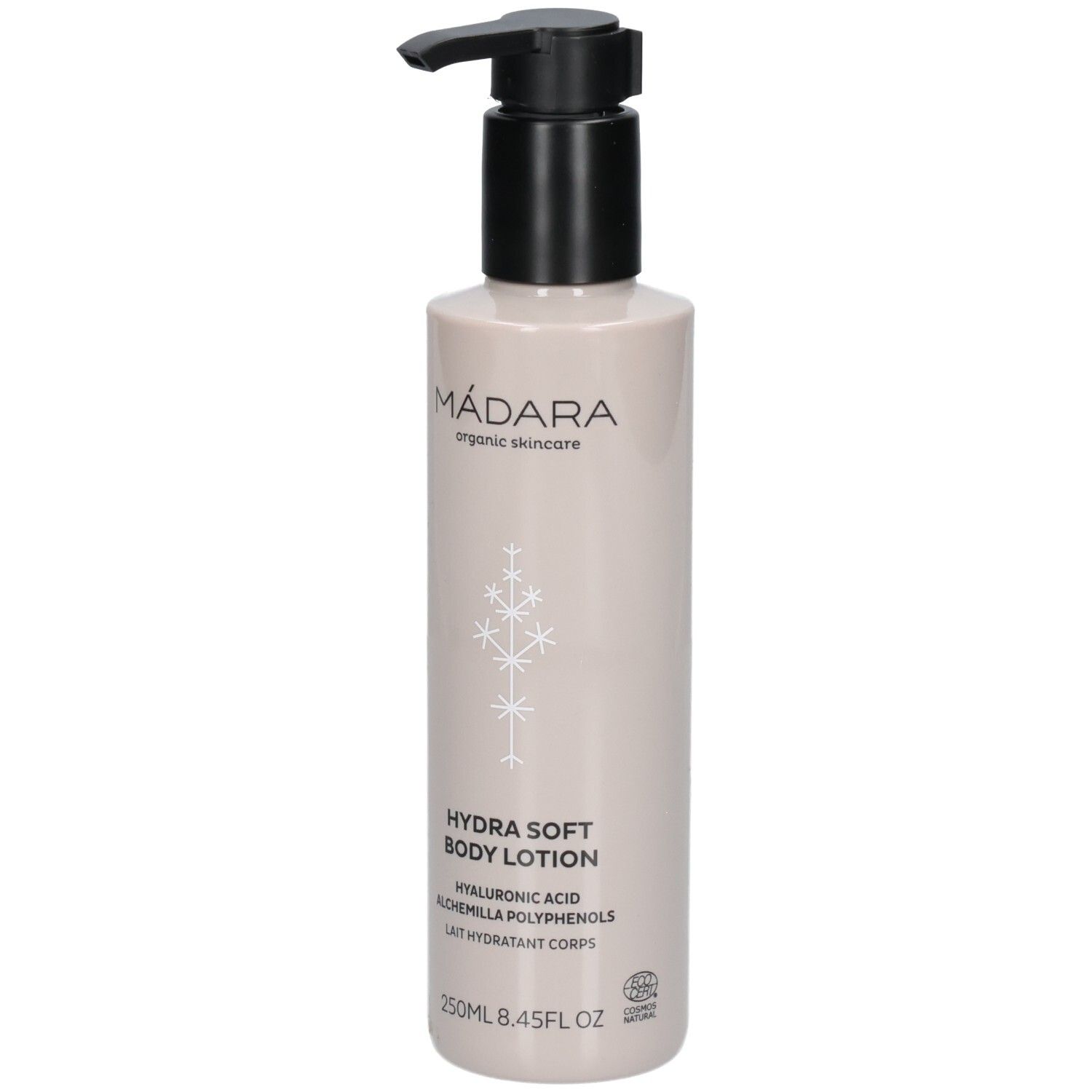 Bouteille de Lait Corporel Hydra Soft Madara avec pompe, 250ml.