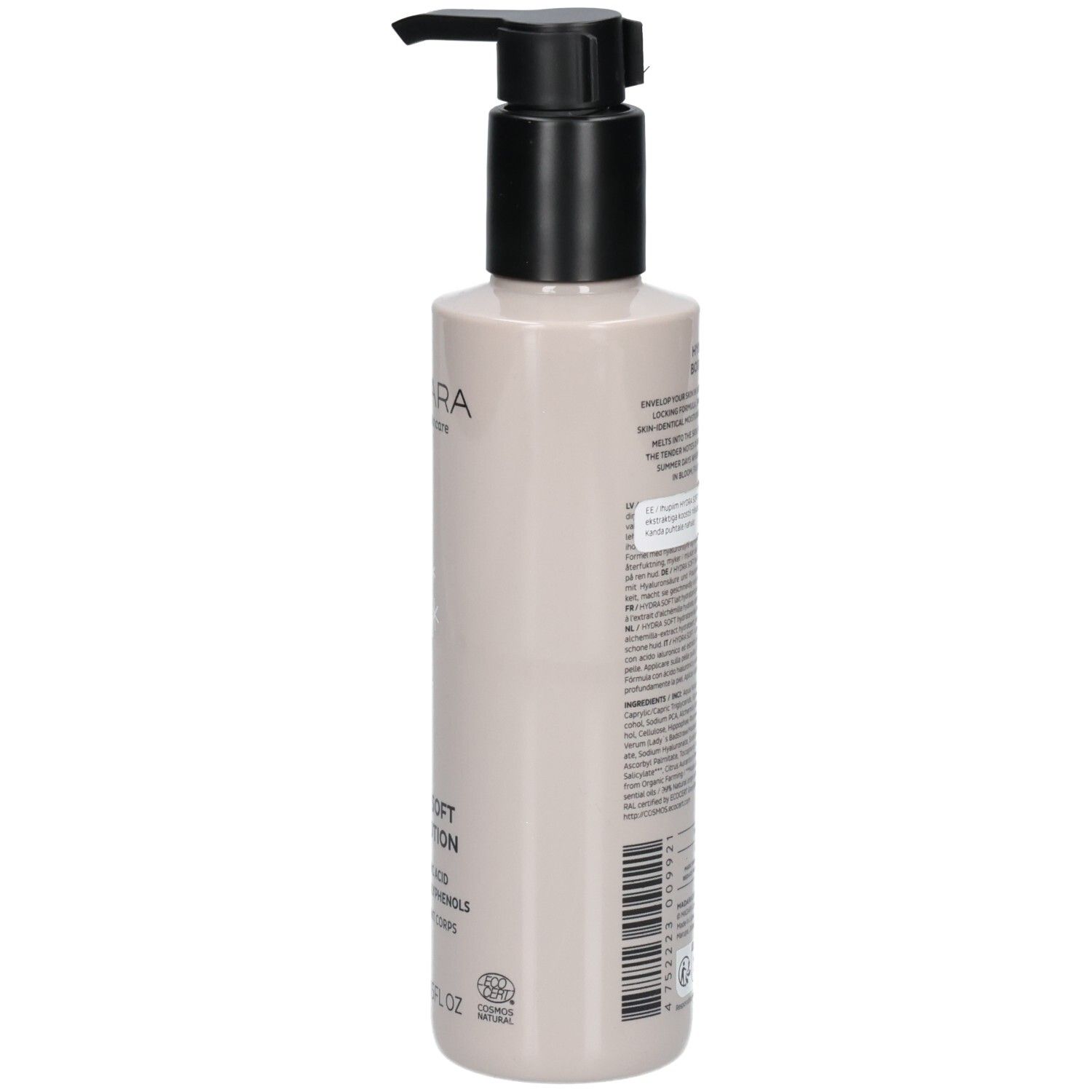 Vue arrière de la bouteille de Lait Corporel Hydra Soft Madara avec pompe.
