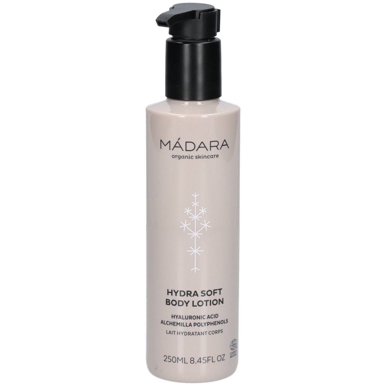 Bouteille de Lait Corporel Hydra Soft Madara avec pompe, 250ml.