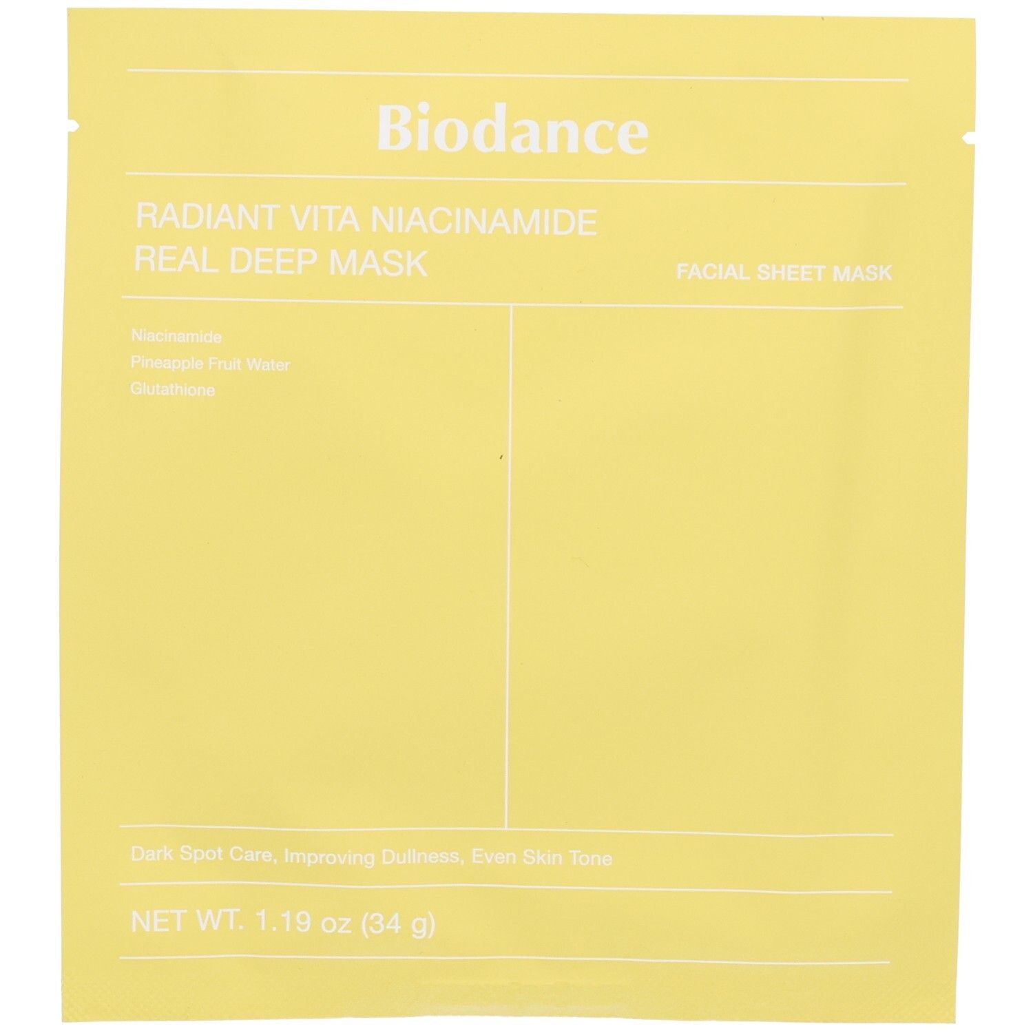 Emballage jaune avec nom du produit et informations. Texte: Radiant Vita Niacinamide Real Deep Mask. Poids net: 1.16 oz (34 g).