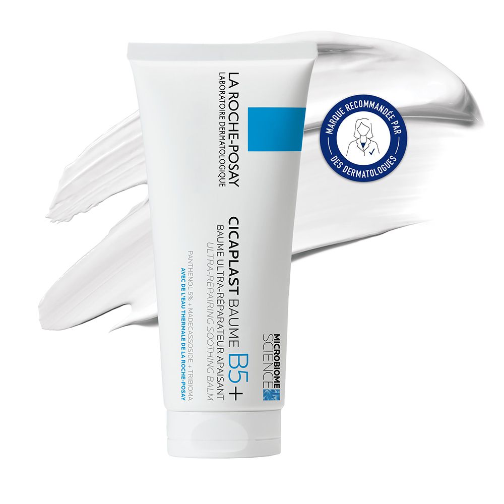 Tube de baume blanc avec bouchon bleu. Nom du produit et logo LA ROCHE-POSAY.