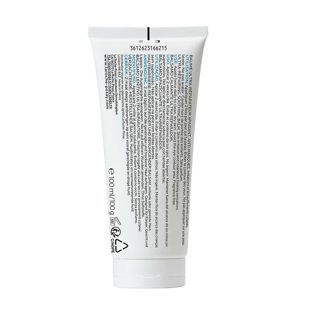 Dos du tube de baume. Informations textuelles et logos. Couleurs bleu et blanc.