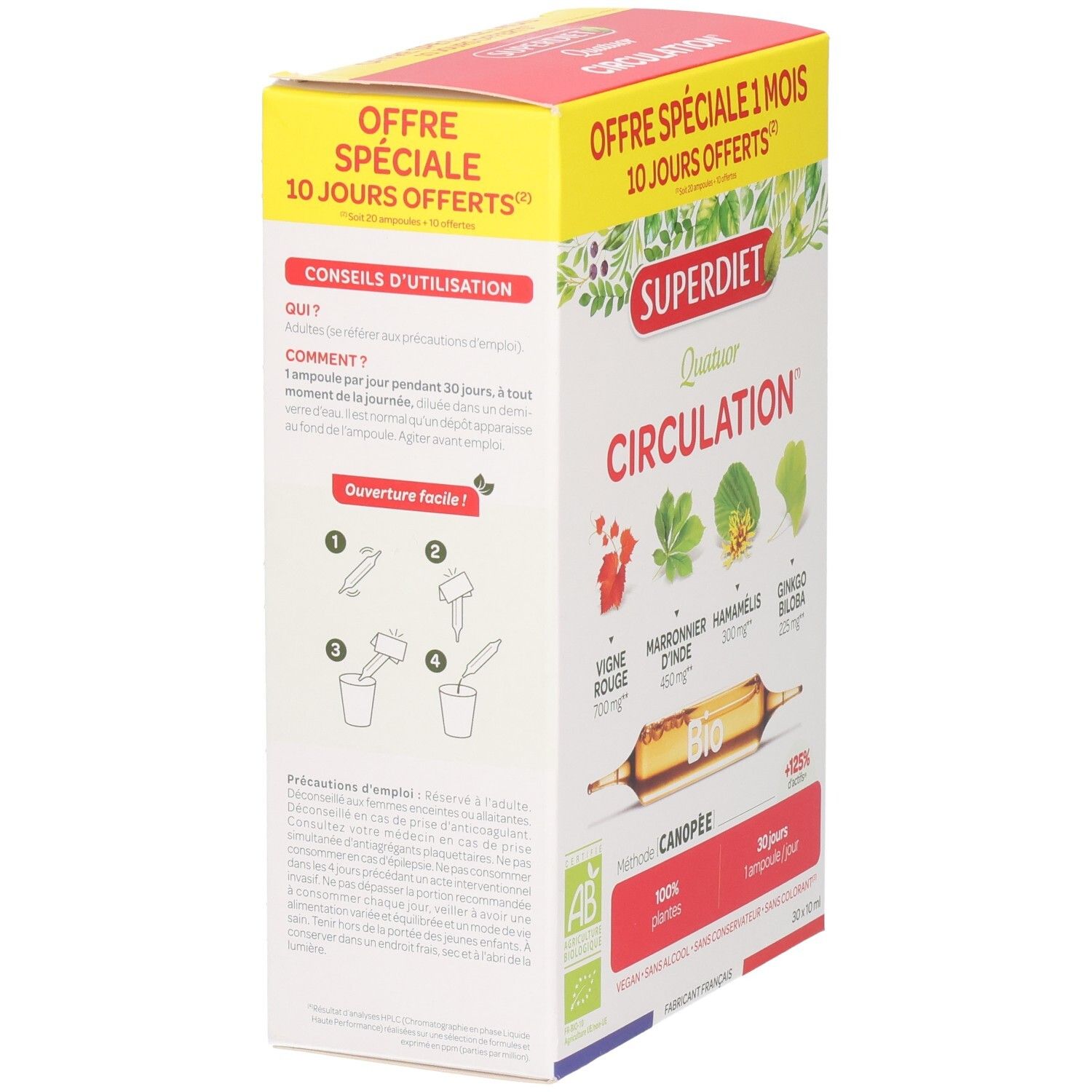 Vue latérale de la boîte SUPERDIET Quatuor CIRCULATION. Instructions d'utilisation et illustration des ampoules.