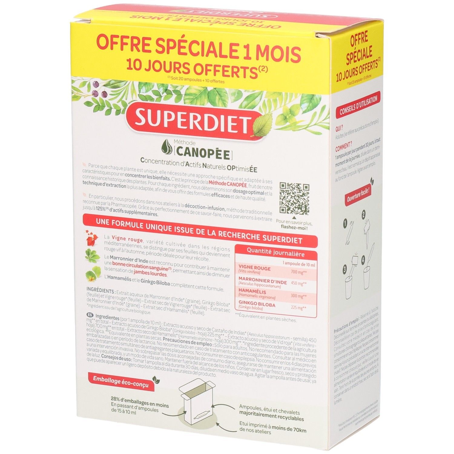 Dos de la boîte SUPERDIET Quatuor CIRCULATION. Informations sur les ingrédients et la méthode d'extraction.
