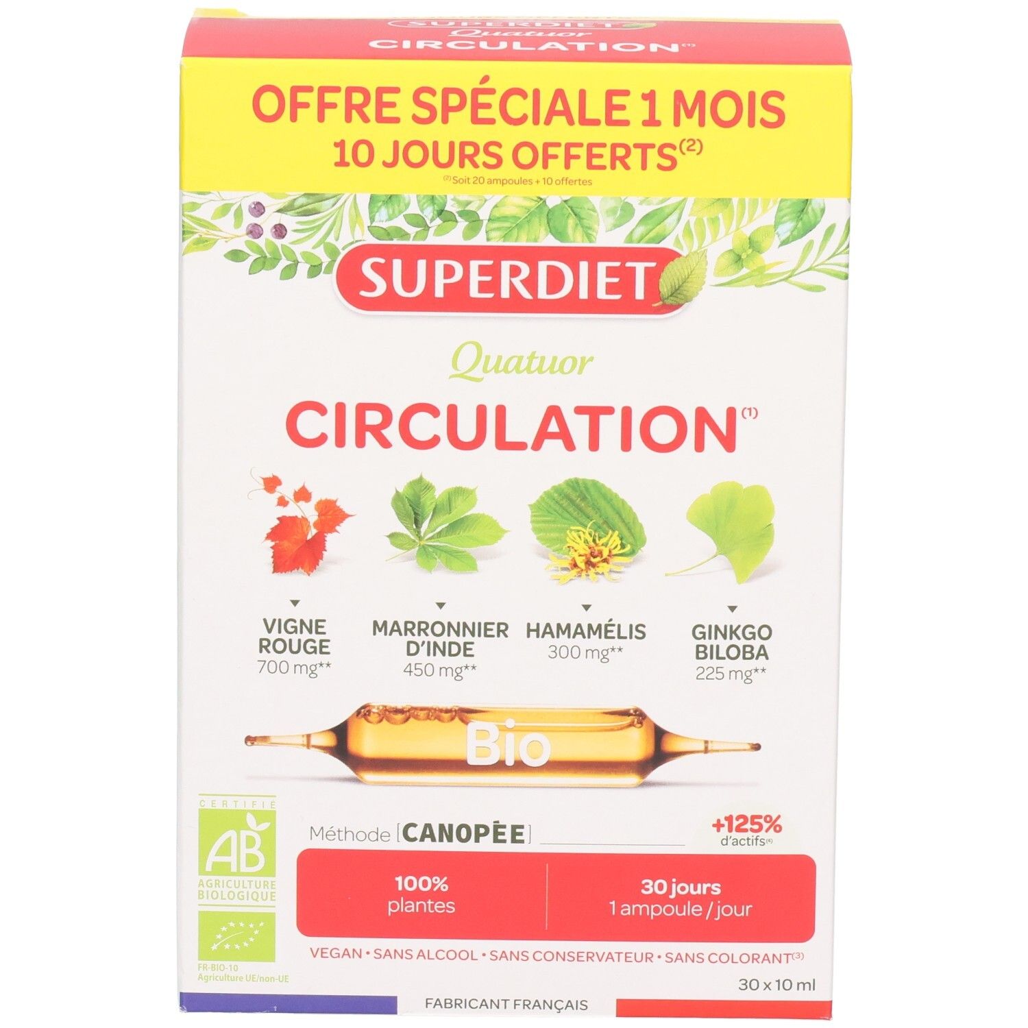 Boîte SUPERDIET Quatuor CIRCULATION. Vue de face avec nom du produit, ingrédients et ampoules.