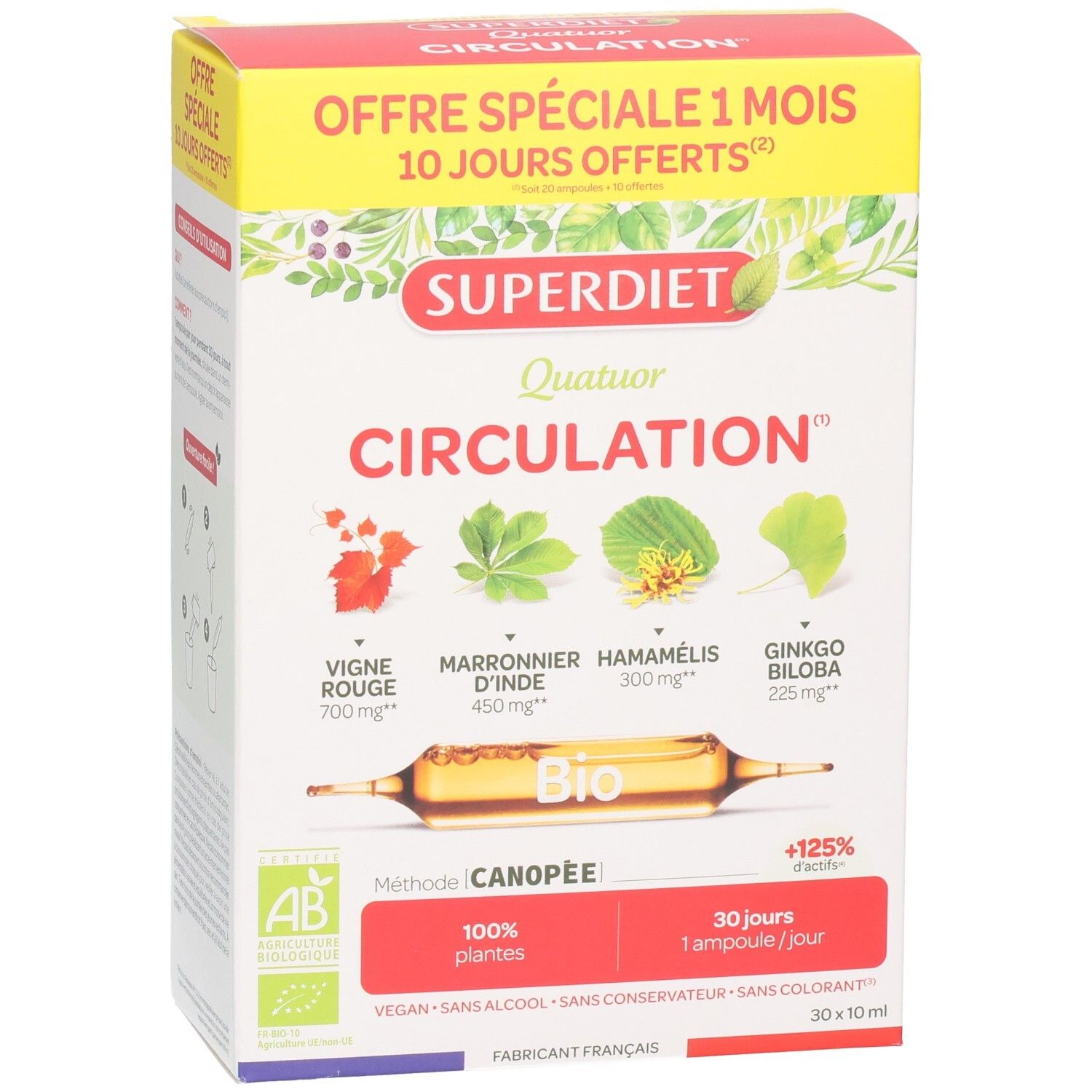Boîte SUPERDIET Quatuor CIRCULATION. Vue de face avec nom du produit, ingrédients et ampoules.