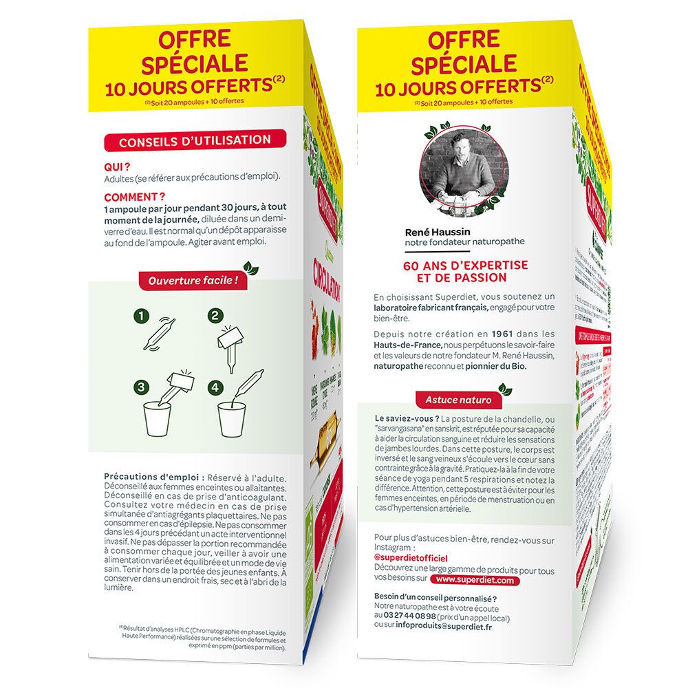 Vue latérale de la boîte Superdiet Quatuor Circulation avec conseils d'utilisation et informations.