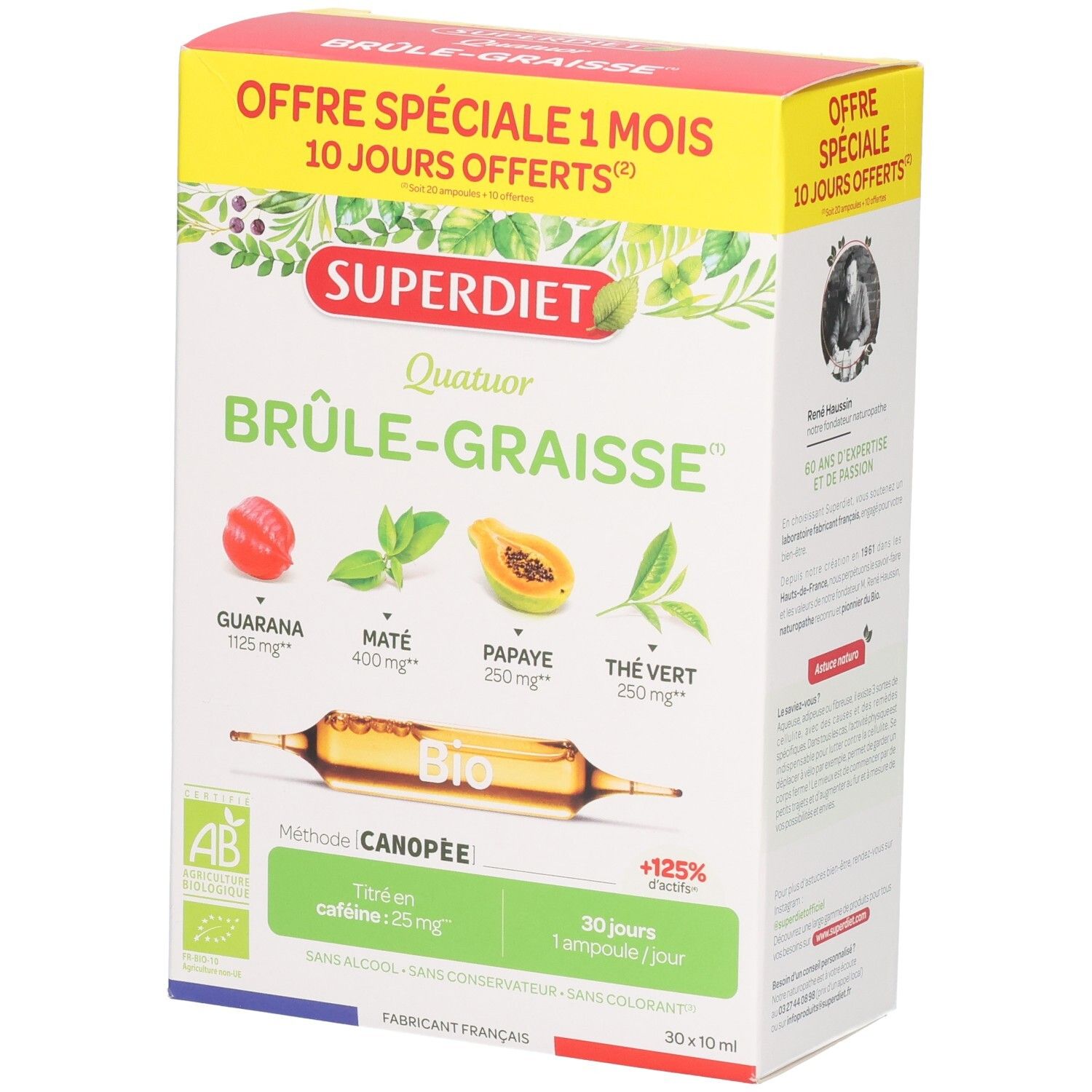 Boîte de SUPERDIET Quatuor BRÛLE-GRAISSE. Contient des ampoules avec guarana, maté, papaye et thé vert. Certification bio.