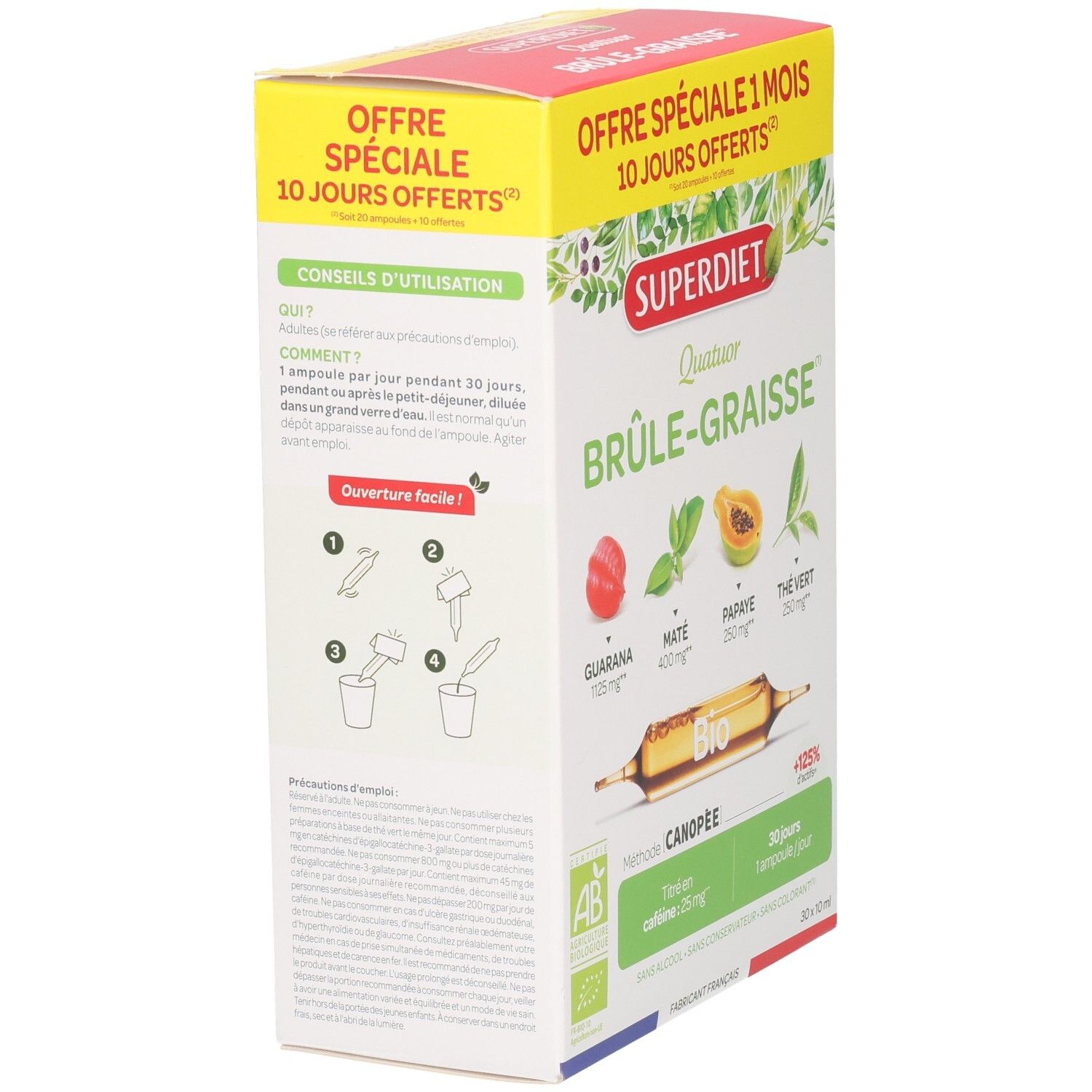 Dos de la boîte de SUPERDIET Quatuor BRÛLE-GRAISSE. Contient des instructions et illustrations d'utilisation. Certification bio.